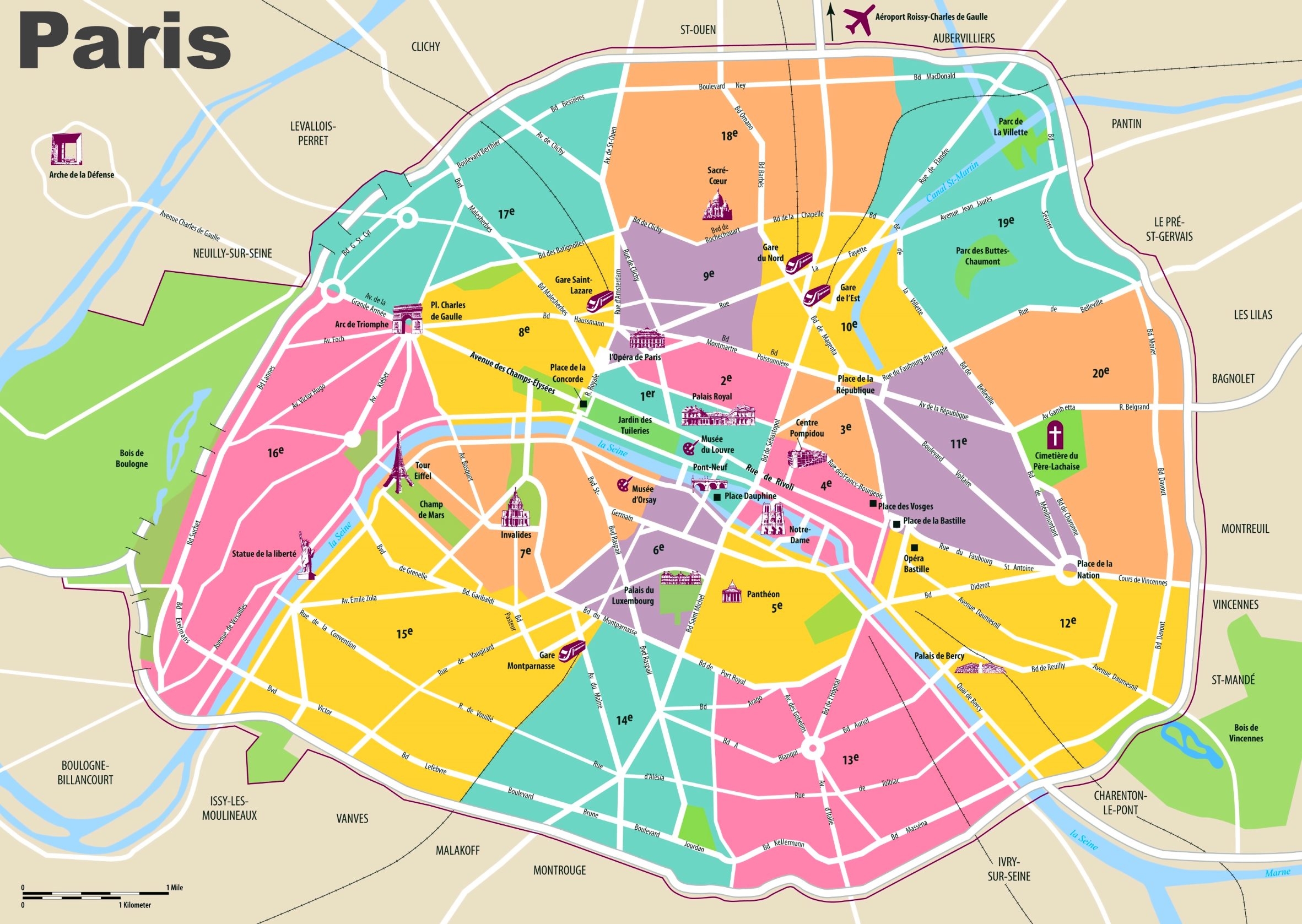Paris Travel Map With Tourist Attractions And Arrondissements Ontheworldmap