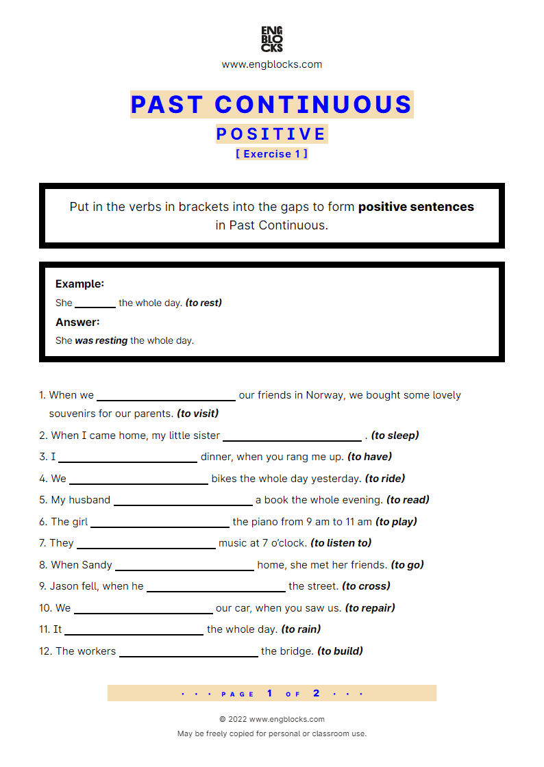 Past Continuous Positive ESL Worksheets