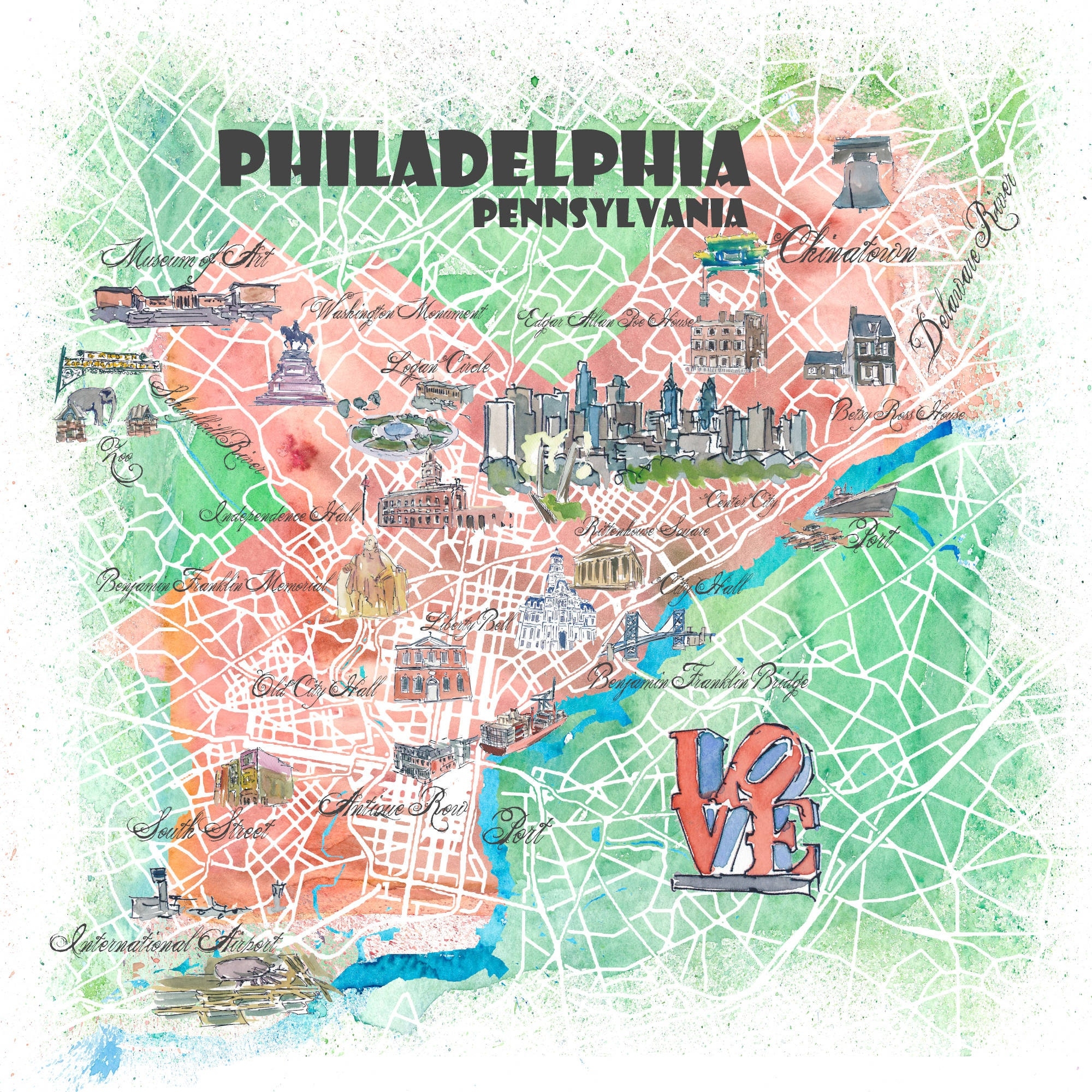 Philadelphia Pennsylvania USA Illustrated Map With Main Roads Landmarks And Highlights Etsy