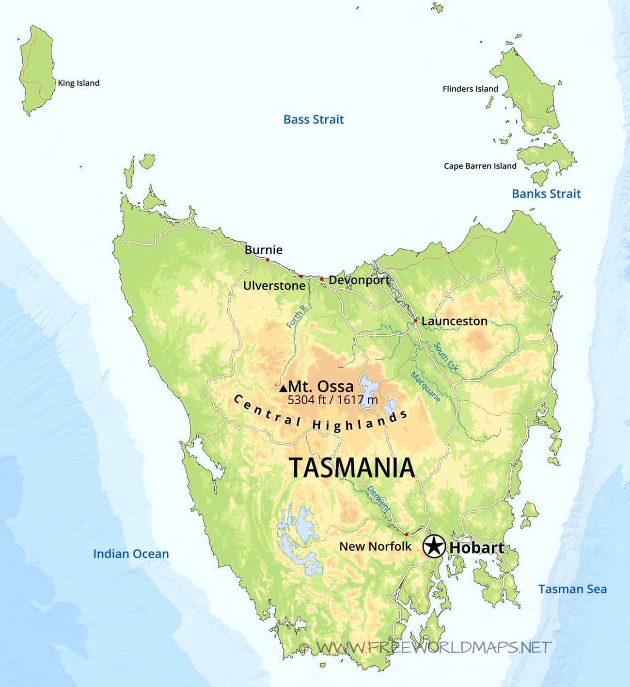 Physical Map Of Tasmania Australia
