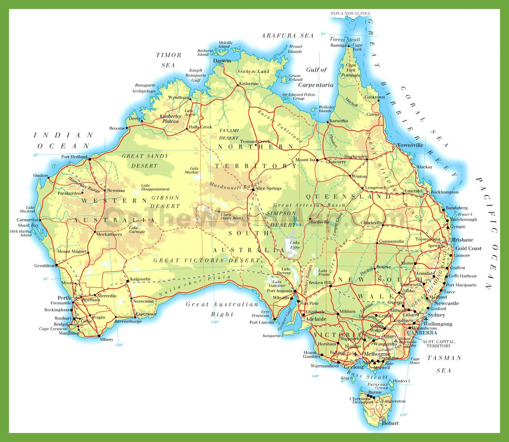 Physical Road Map Of Australia Ontheworldmap