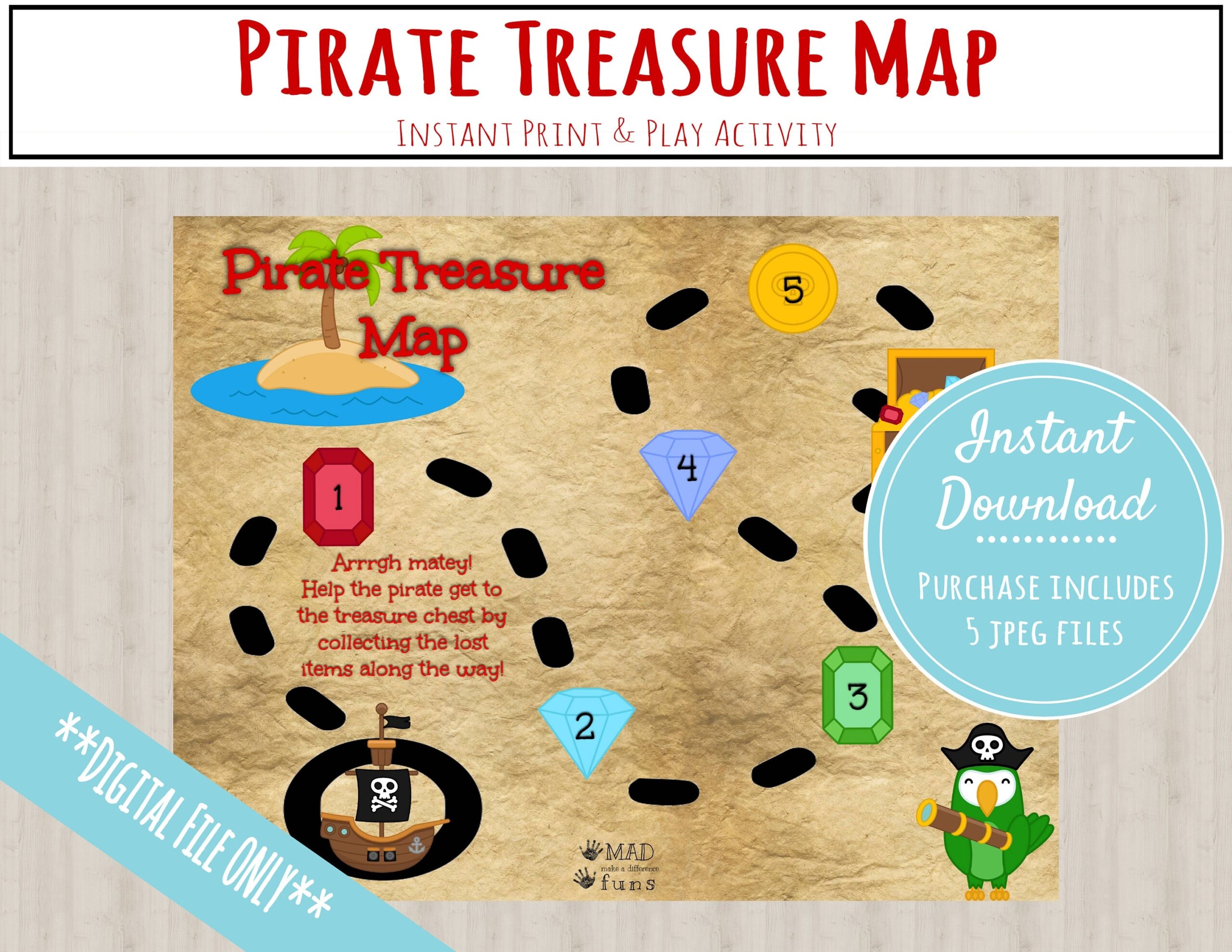 Pirate Treasure Map Activity INSTANT PRINTABLE DOWNLOAD Scavenger Hunt Game pirate Party Clues preschool Kindergarten Toddler Activities Etsy