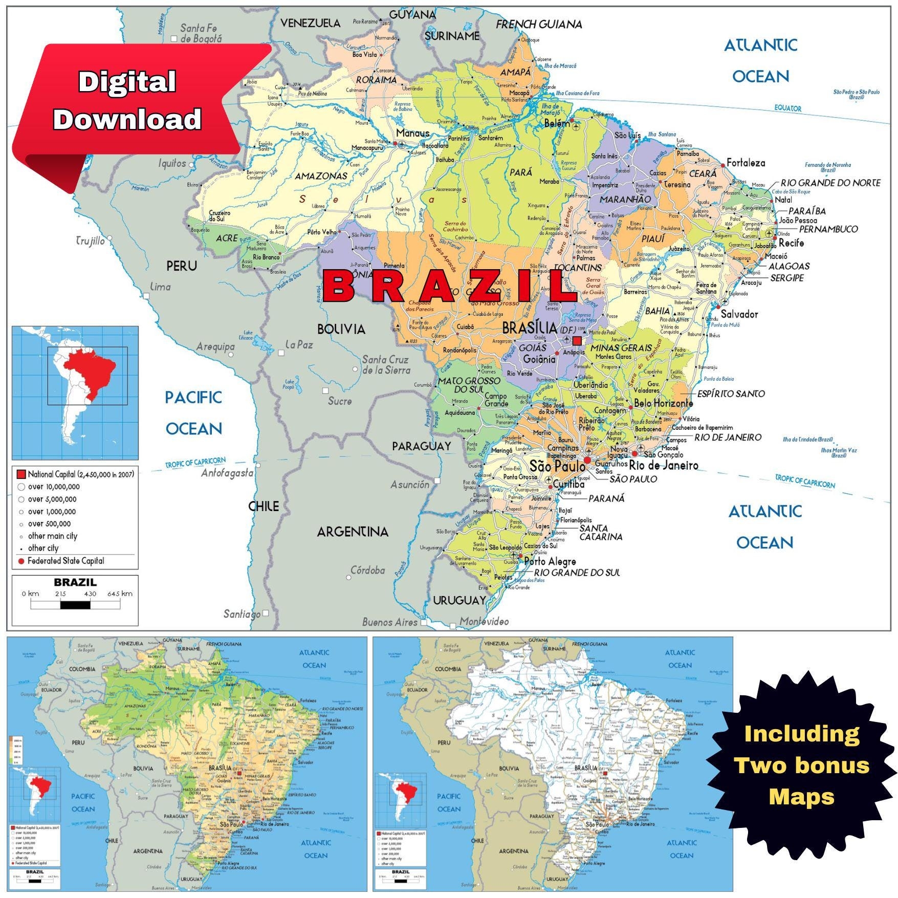 Printable BRAZIL Political Map Topography Roads Etsy