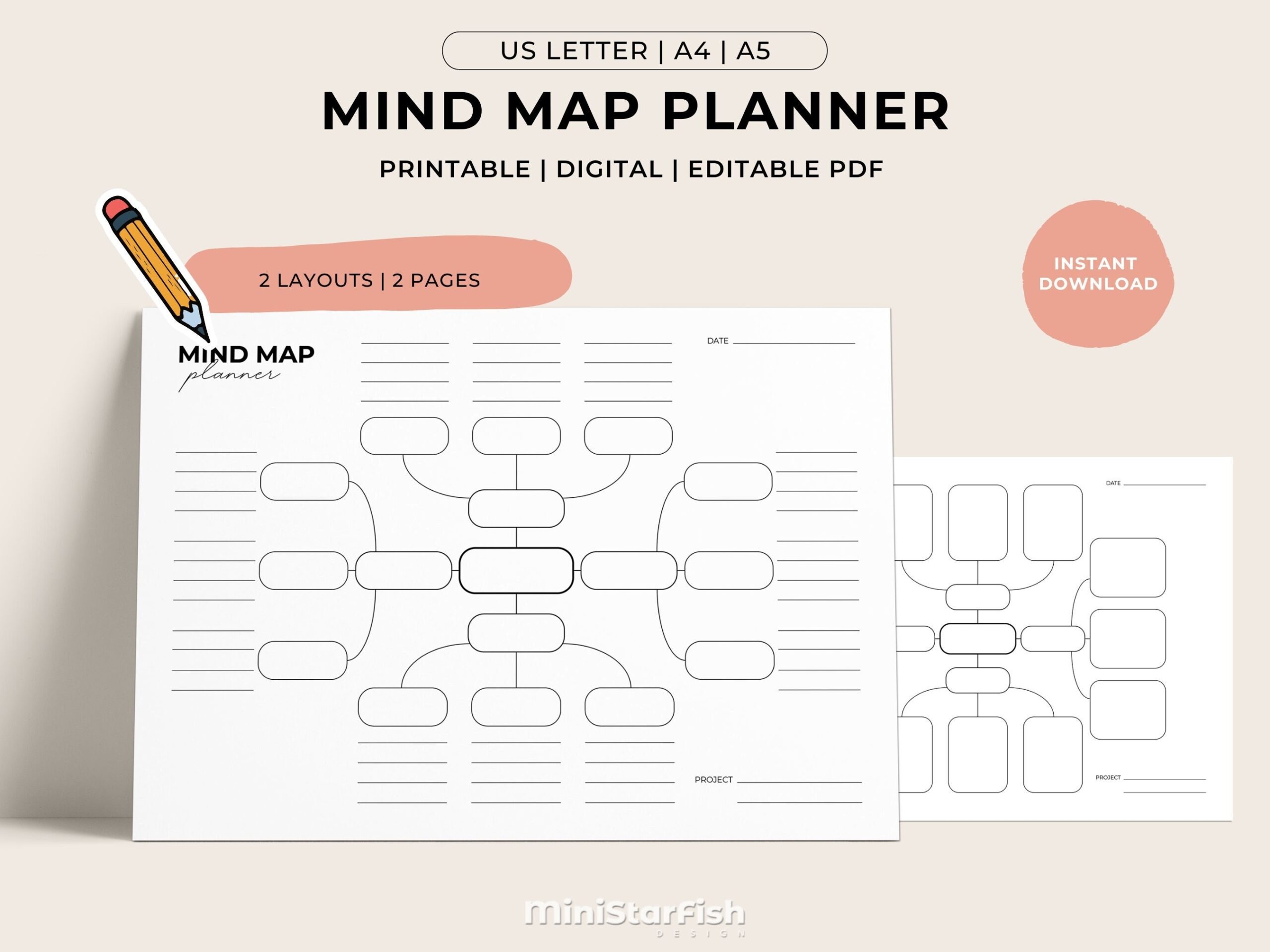 Printable Mind Map Template Brainstorm Ideas Action Plan Study Notes Visual Mind Map Minimalist PDF Planner 2 Layouts US Letter A5 A4 Etsy