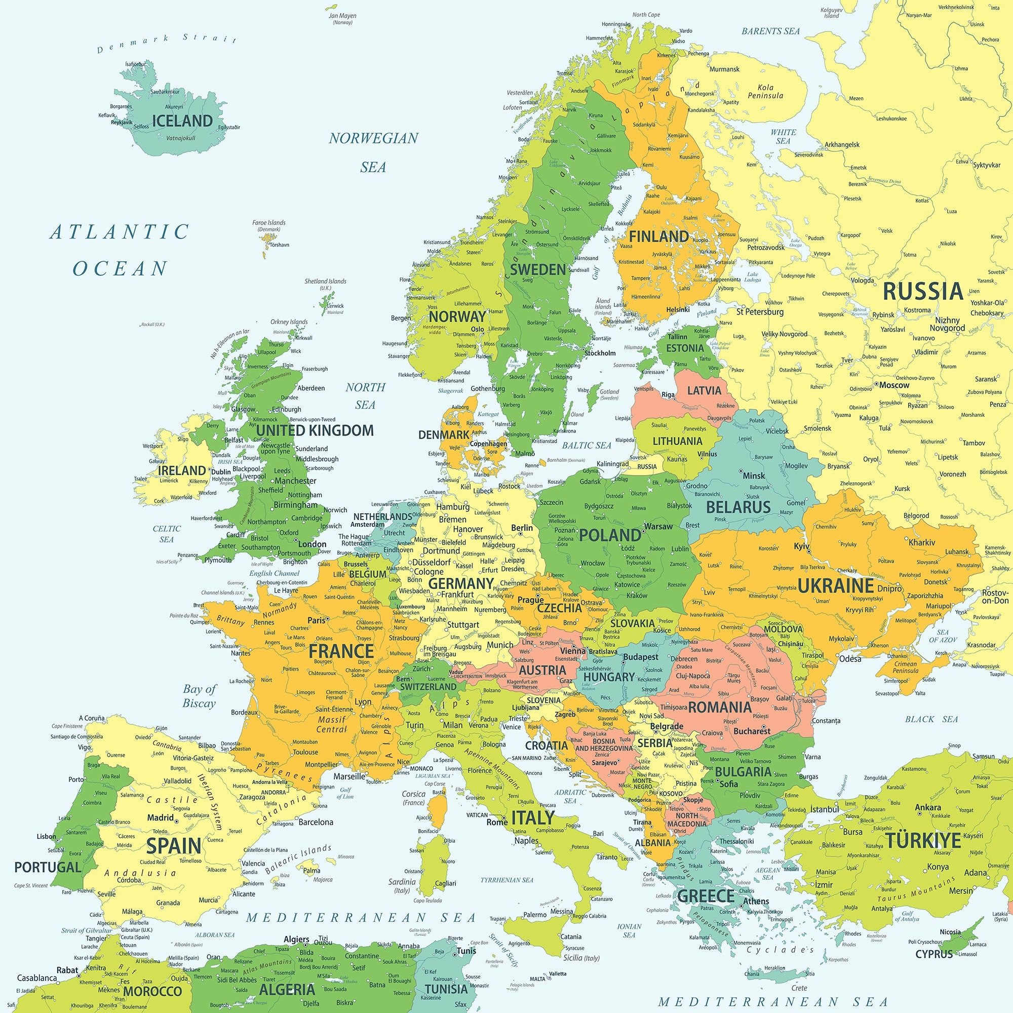Printable Political Colorful Europe Map Ready To Print Map For Posters Wallpapers And Prints Digital Detailed Countries Map Of Europe Etsy