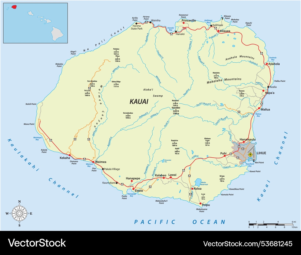 Road Map Of The Hawaiian Island Kauai Usa Royalty Free Vector VectorStock