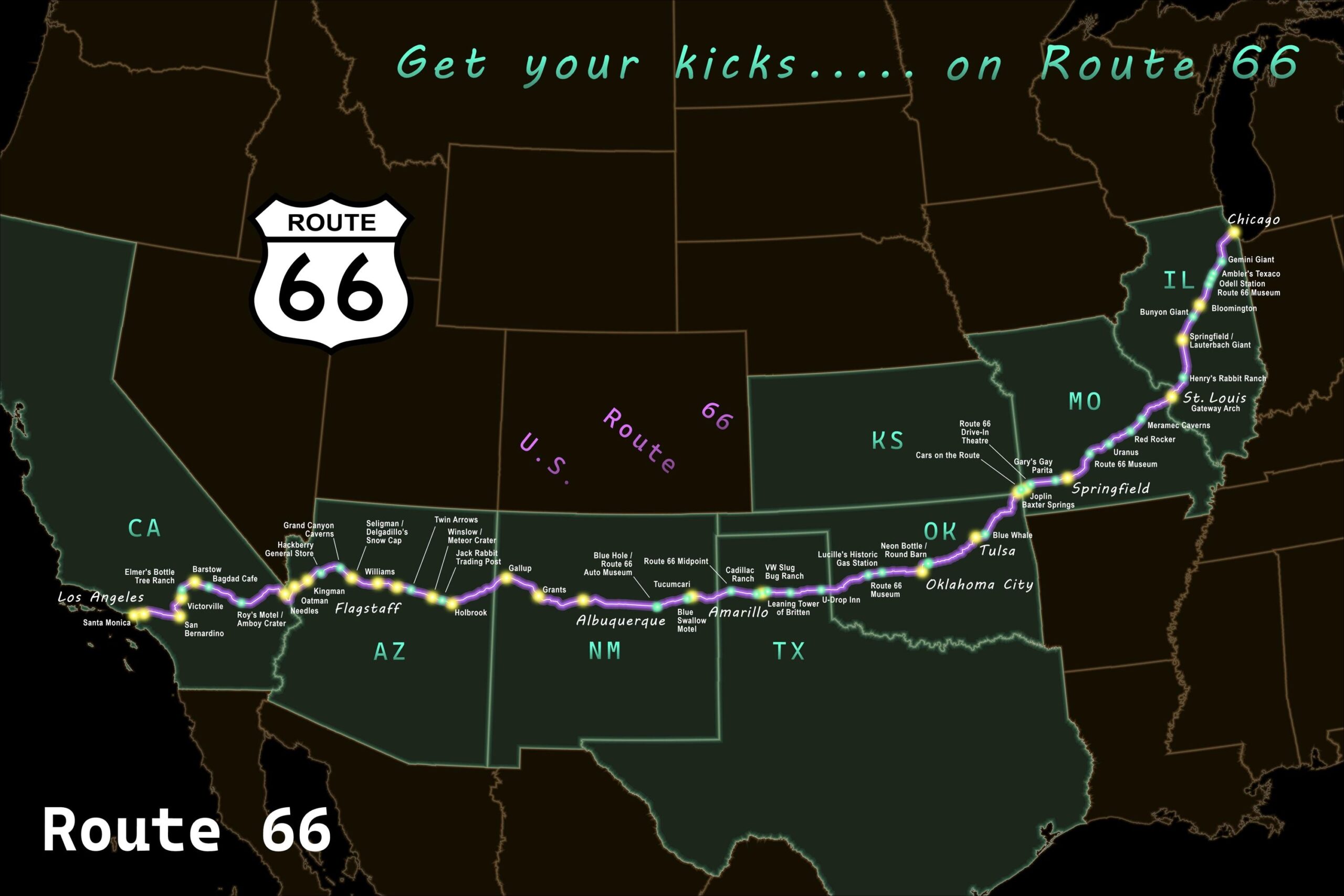 Route 66 Poster Map Etsy Israel