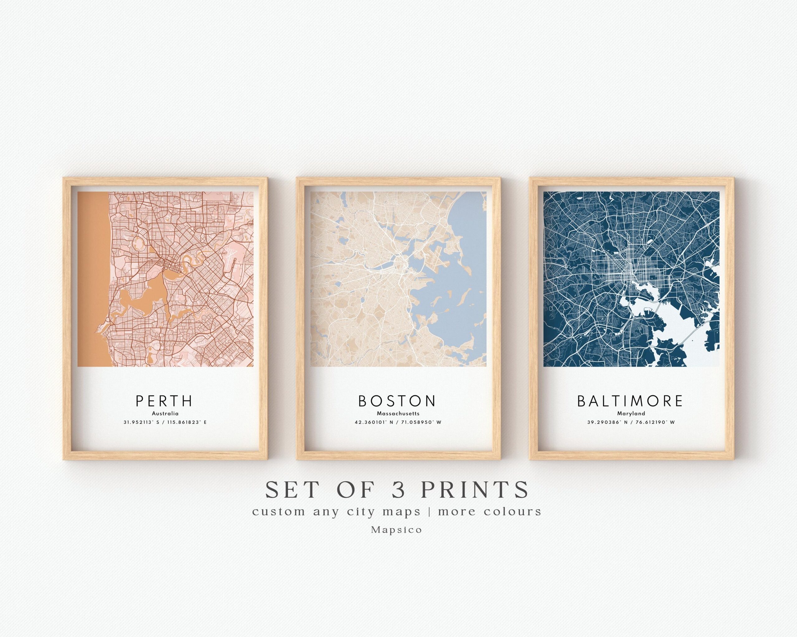 Set Of 3 Custom Maps City Map Prints Custom Map Print Custom Any Location Personalized Map Print City Poster Wall Art City Map Gift Etsy
