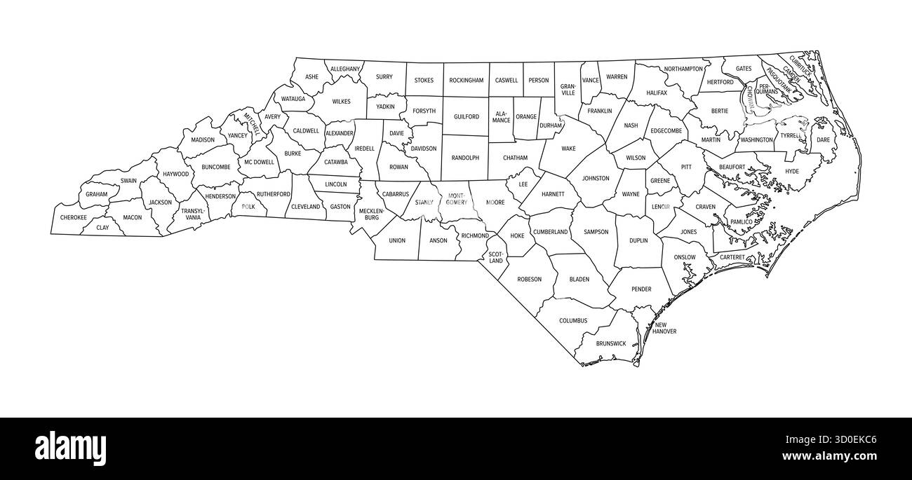 State Of North Carolina Subdivided Into 100 Counties Outline Map With County Names And Borders State In The Southeastern Region Of United States Stock Photo Alamy