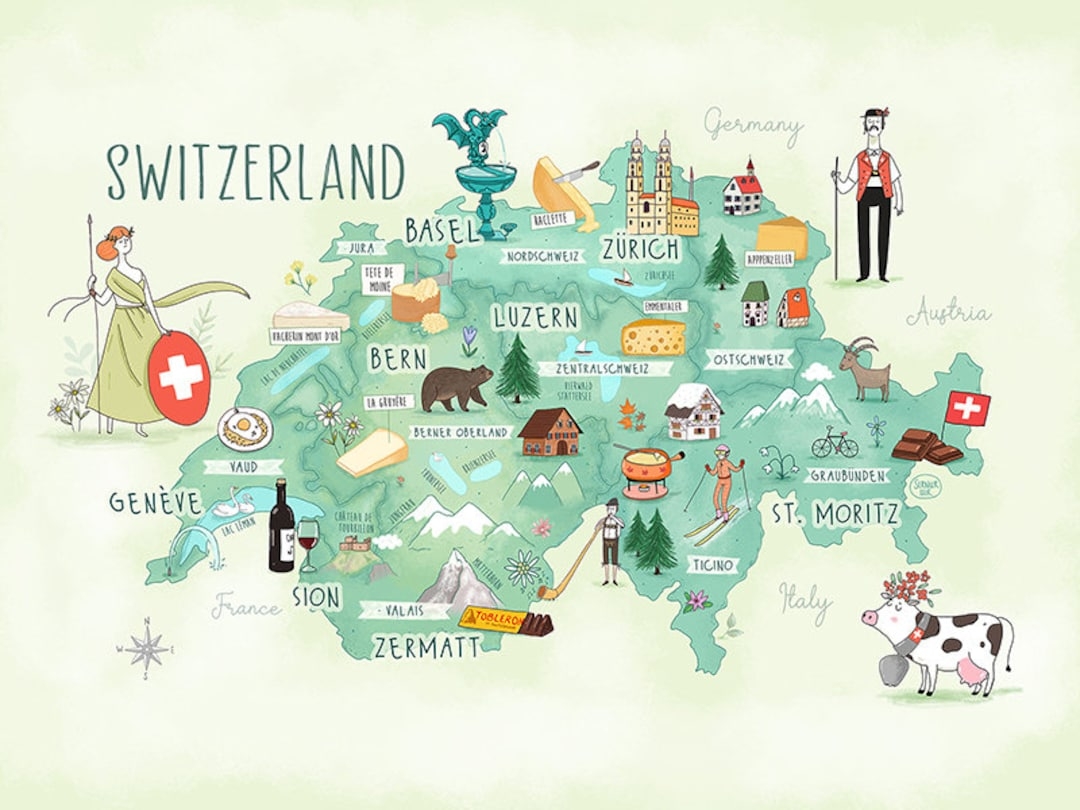 Switzerland Illustrated Map Etsy Sweden