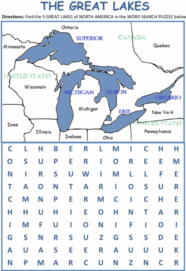 The Great Lakes Printable Map And Word Search Puzzle Activity