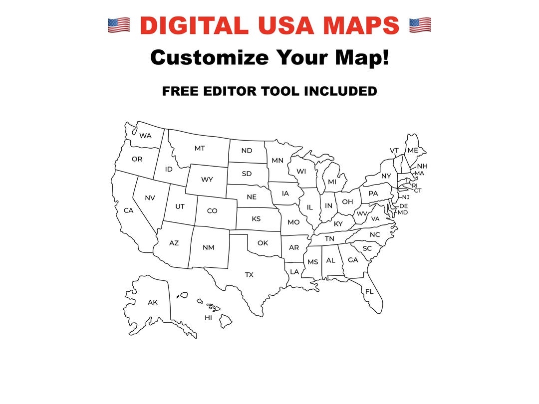 United States Map USA Labeled Black And White Map USA Printable Etsy