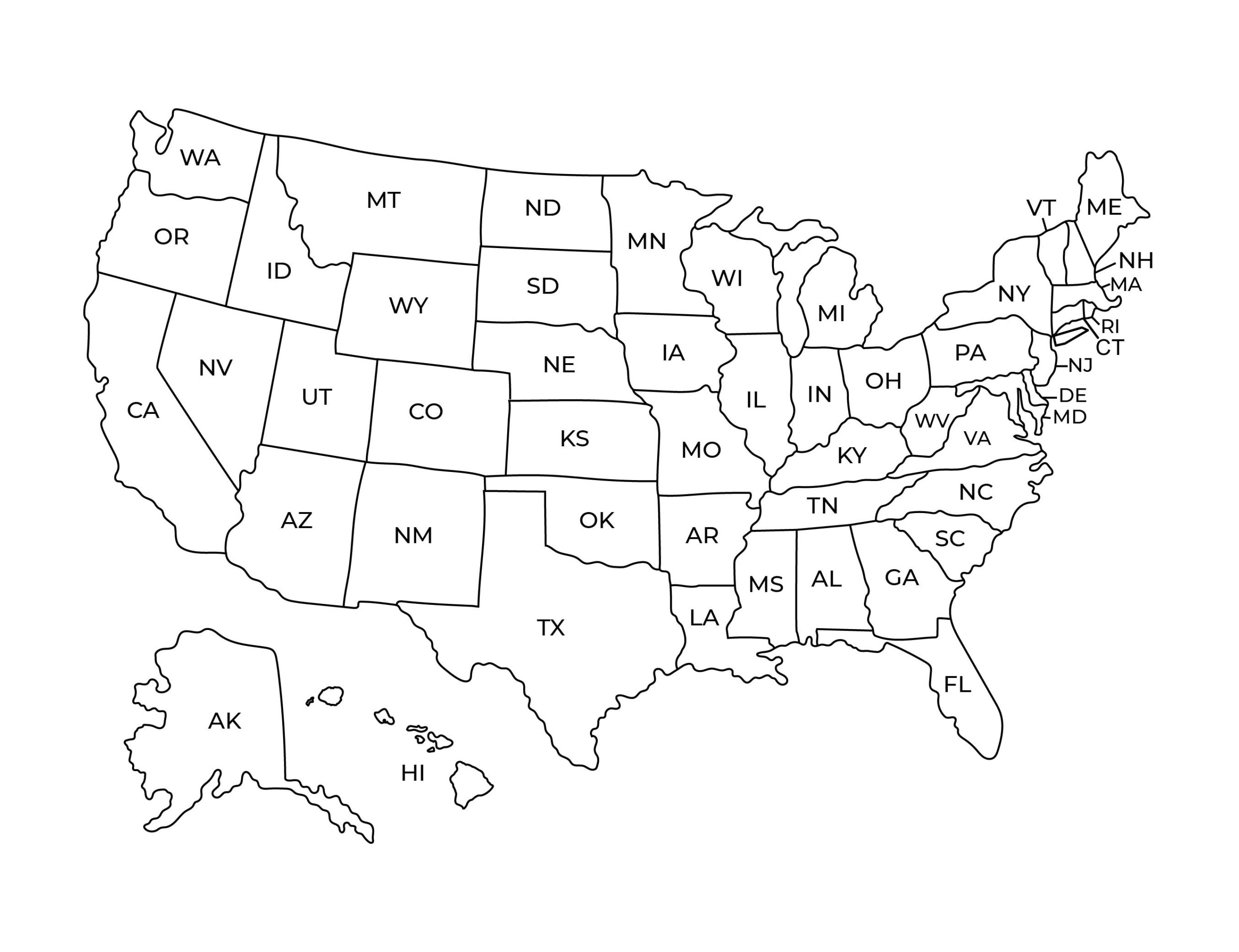 United States USA Map With States Labeled Printable Black And White Etsy
