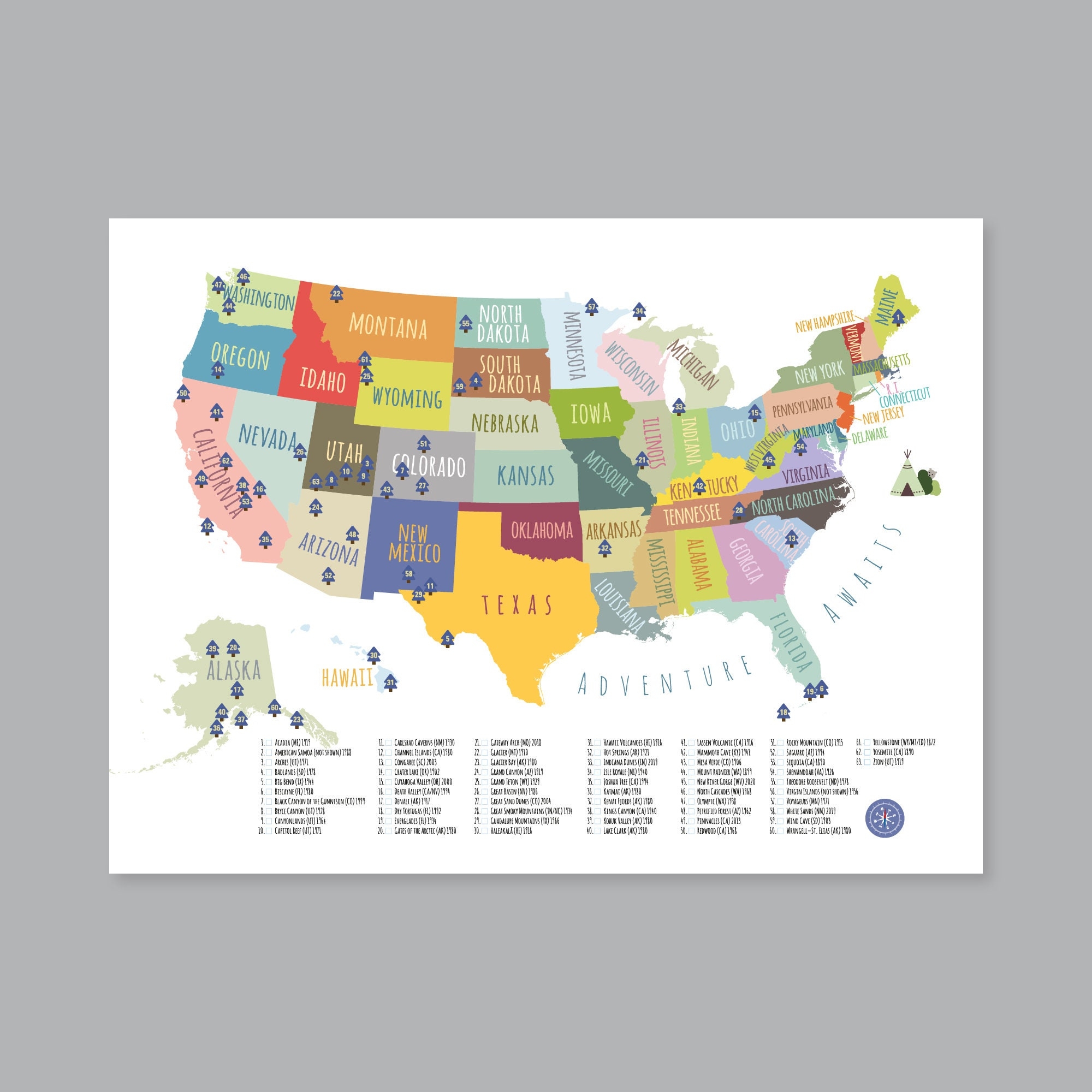 US National Parks Map Adventure Awaits Kid Nursery Decor printable PDF JPG Etsy Finland
