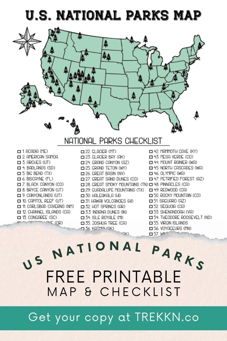 US National Parks Map FREE Printable 