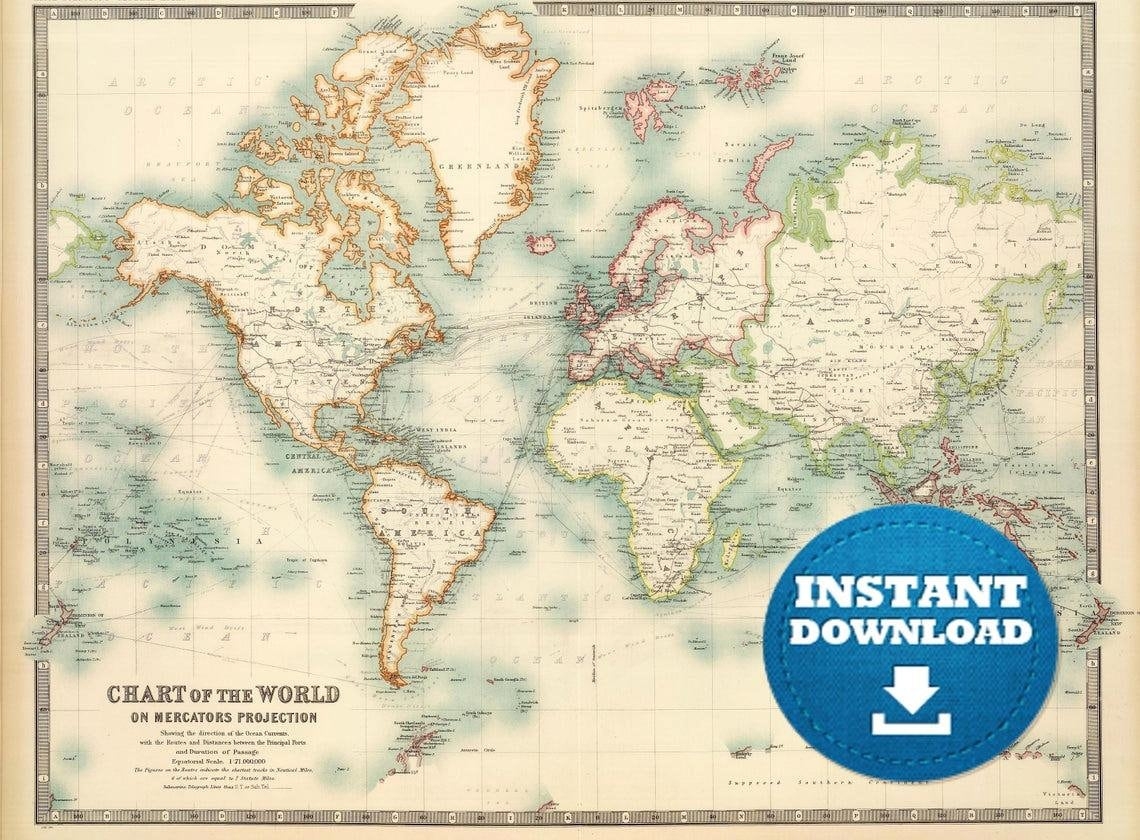 Vintage World Map Poster 1911 Antique Style digital Download Etsy