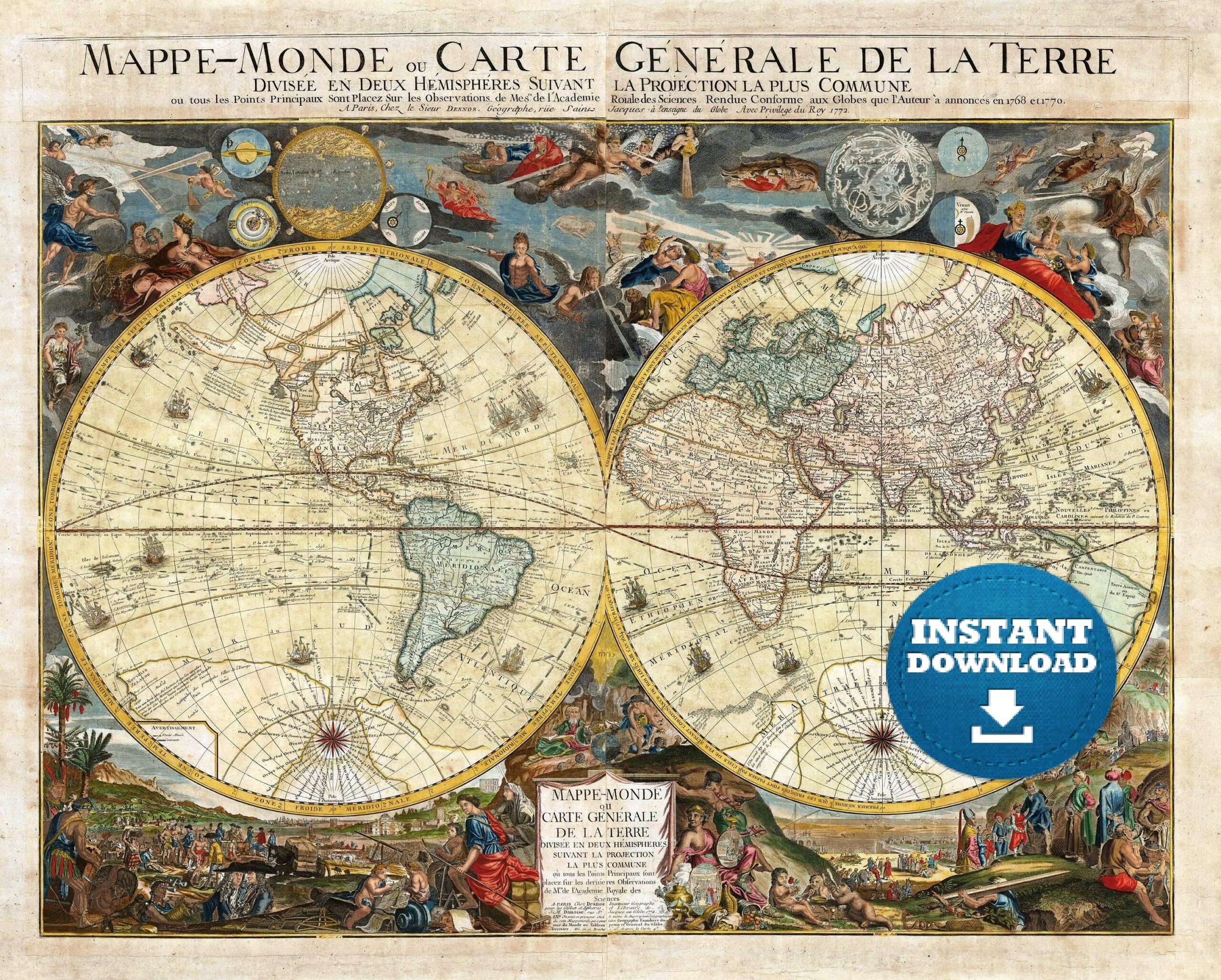 Vintage World Map Printable Antique Illustration Poster digital Download Etsy