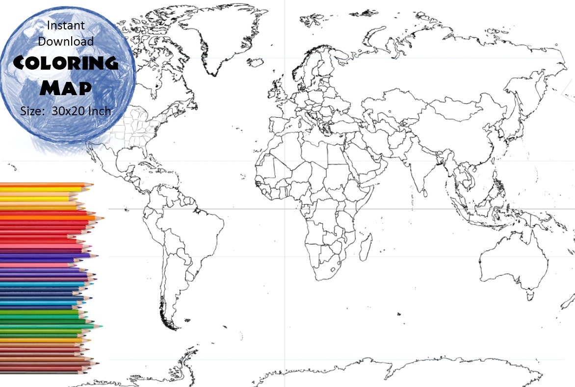 World Map 30x20 Inches Coloring Map Black White Map Countries Outline Map Without Labels Instant Download Etsy