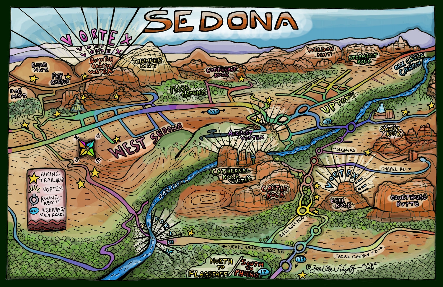 XL Sedona Map Print Illustrated By Local Artist Vortex Guide Hiking Guide Etsy