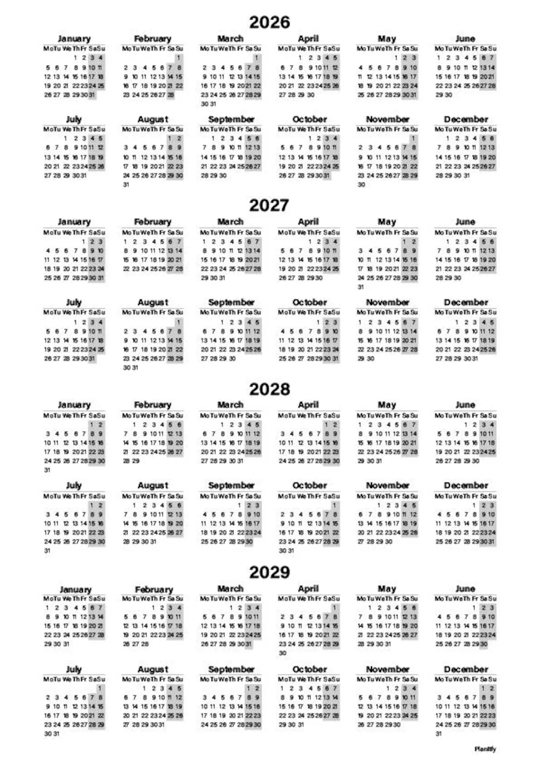 2026 2027 2028 2029 Yearly Calendar For