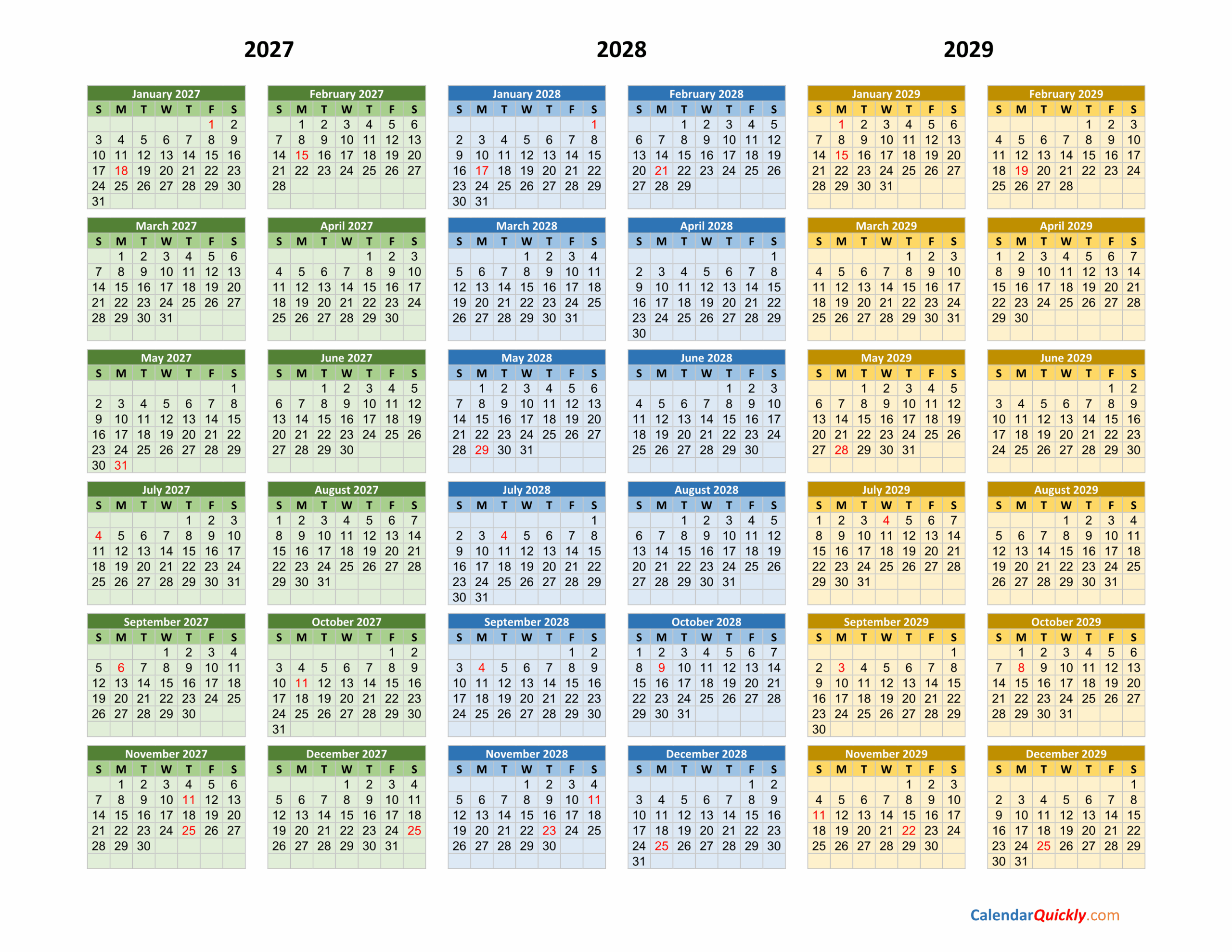 2027 2028 2029 Calendar 2027 2028 2029 Calendar