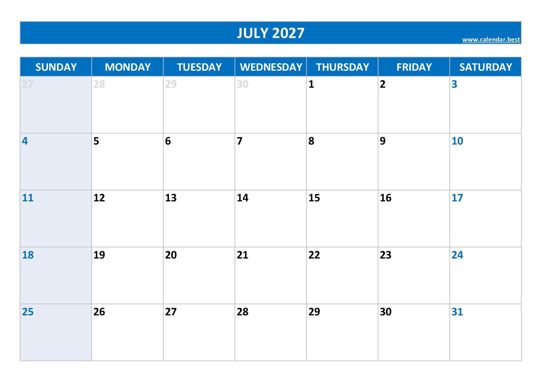 2027 Monthly Calendar 2027 Monthly Calendar