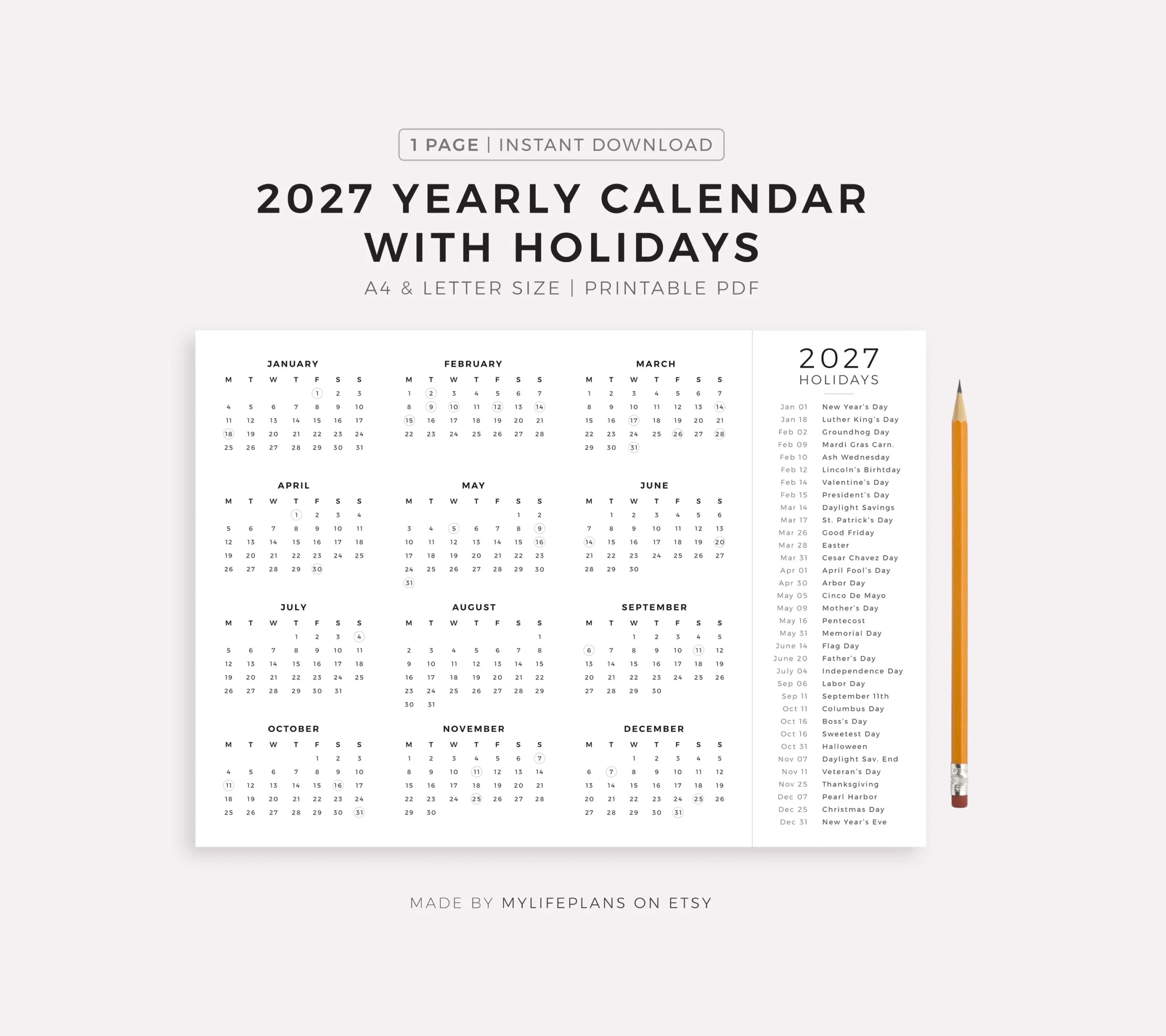 2027 Year Calendar With Holidays On One 2027 Year Calendar With Holidays On One