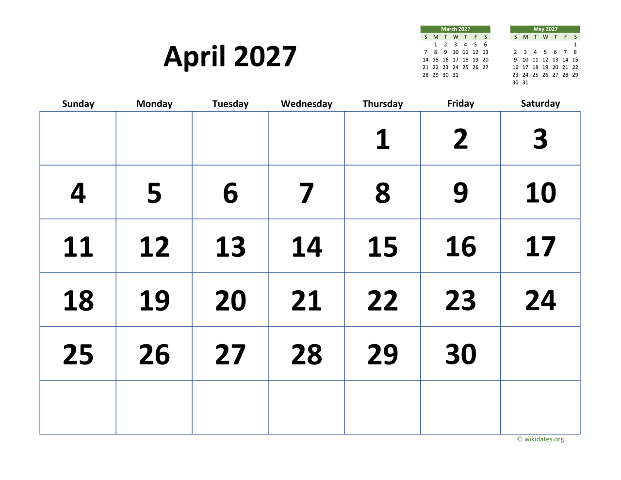 April 2027 Calendar Large Dates