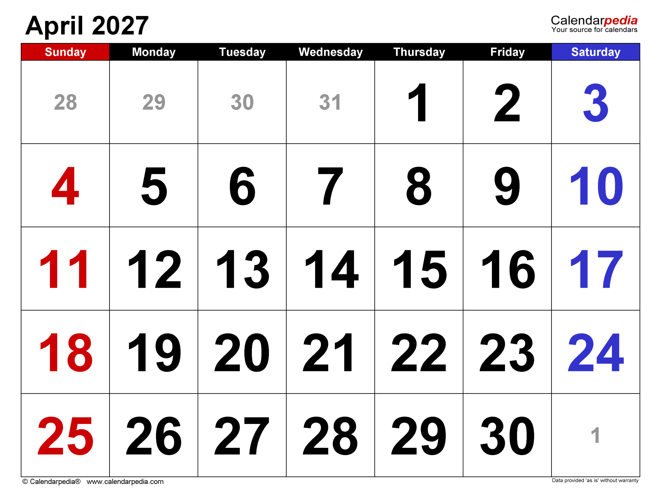 April 2027 Calendar Pdf Templates
