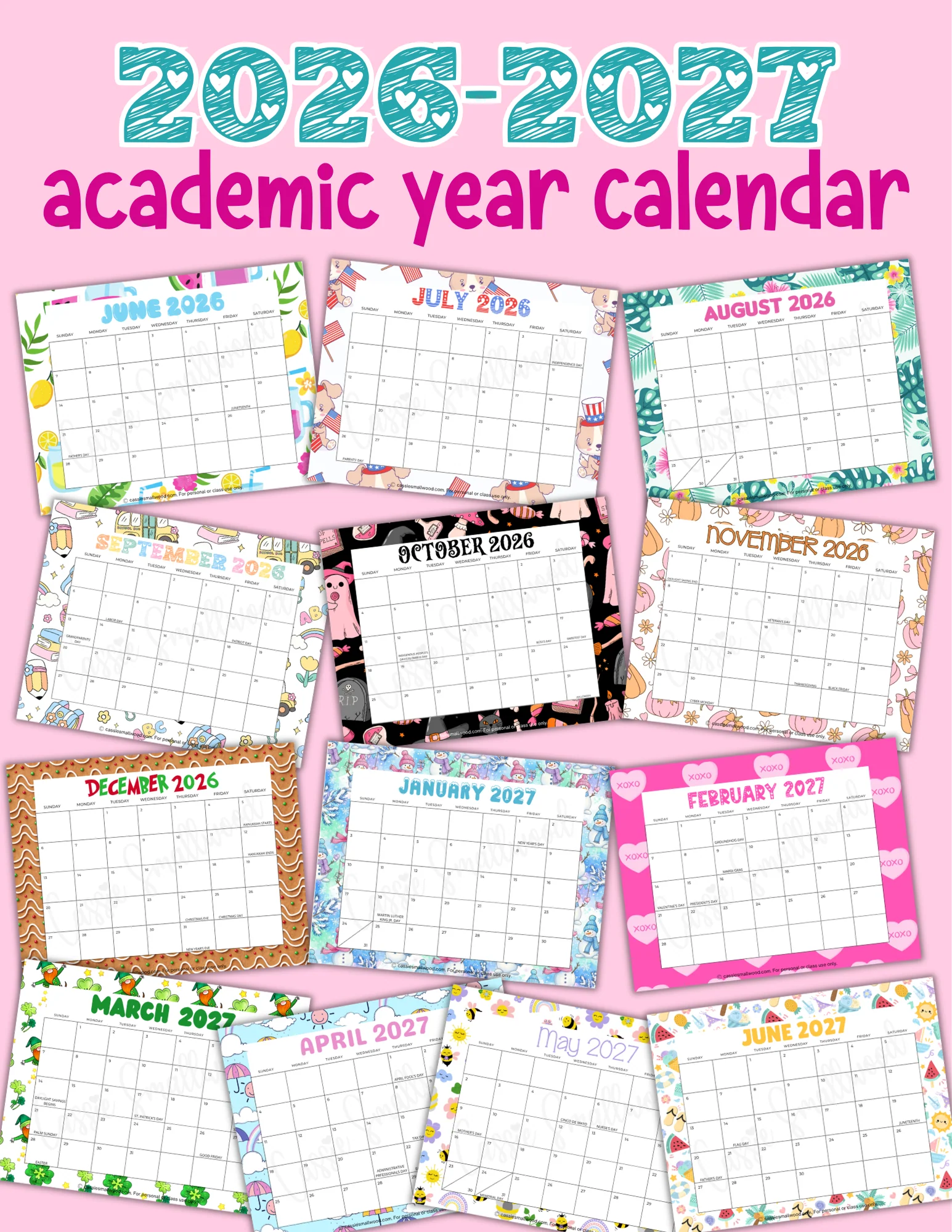 Cute Printable 2026 2027 Monthly School Year Calendar With Holidays