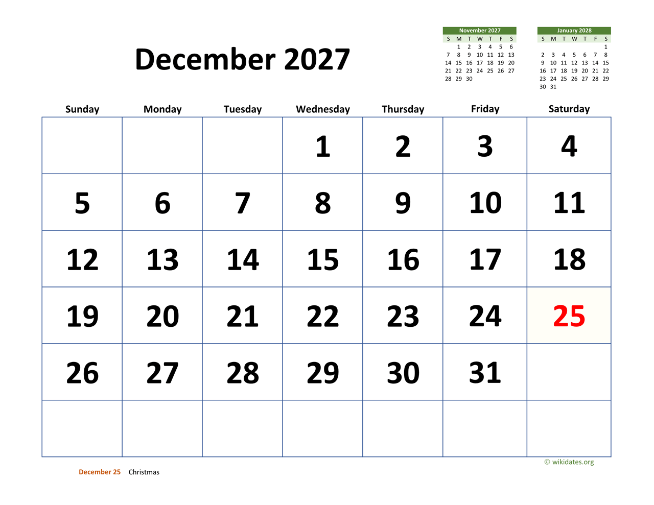 December 2027 Calendar Large Dates