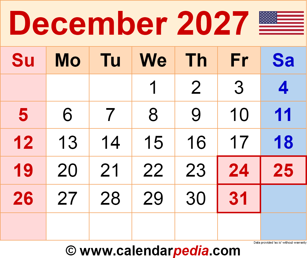 December 2027 Calendar Pdf Templates