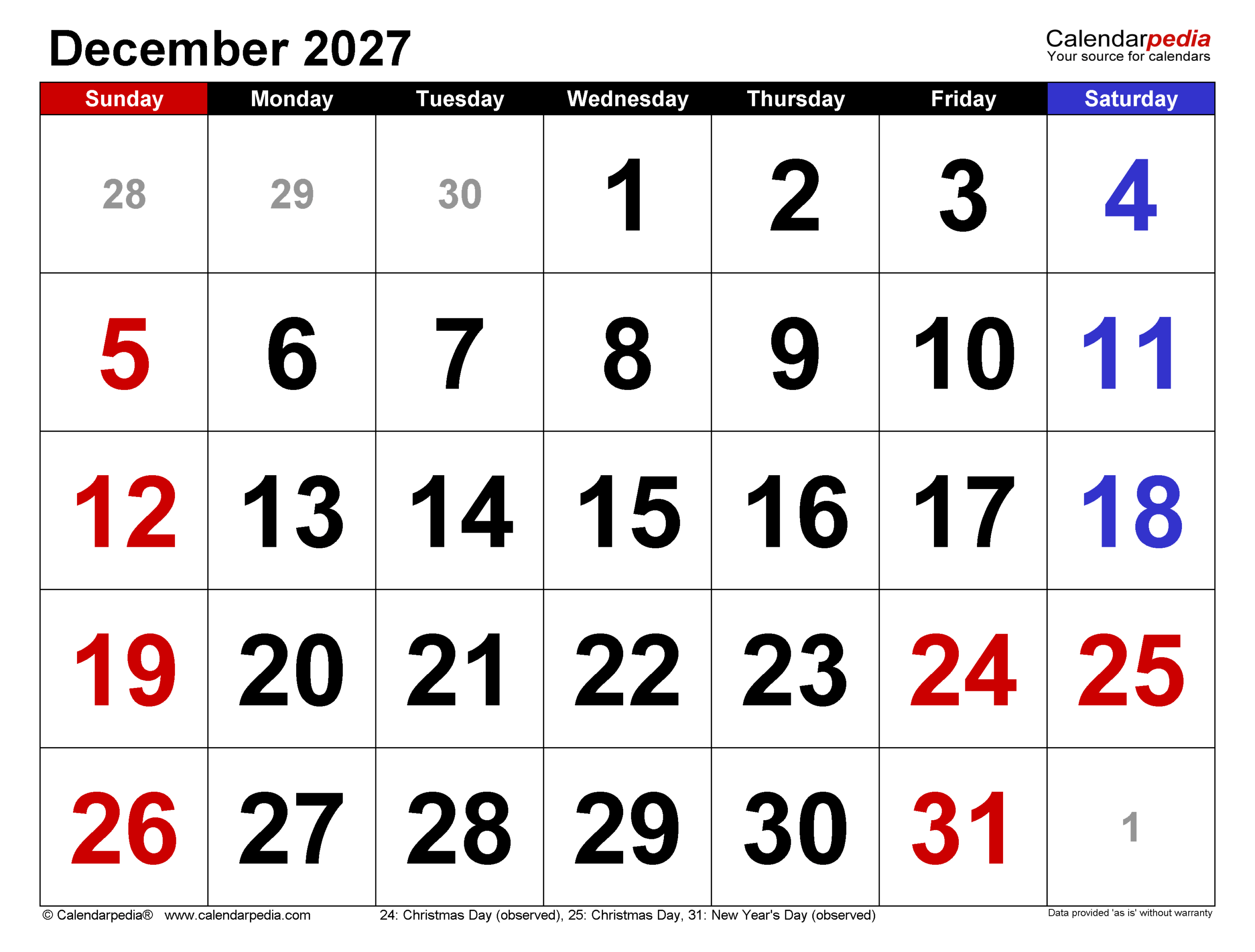 December 2027 Calendar Pdf Templates