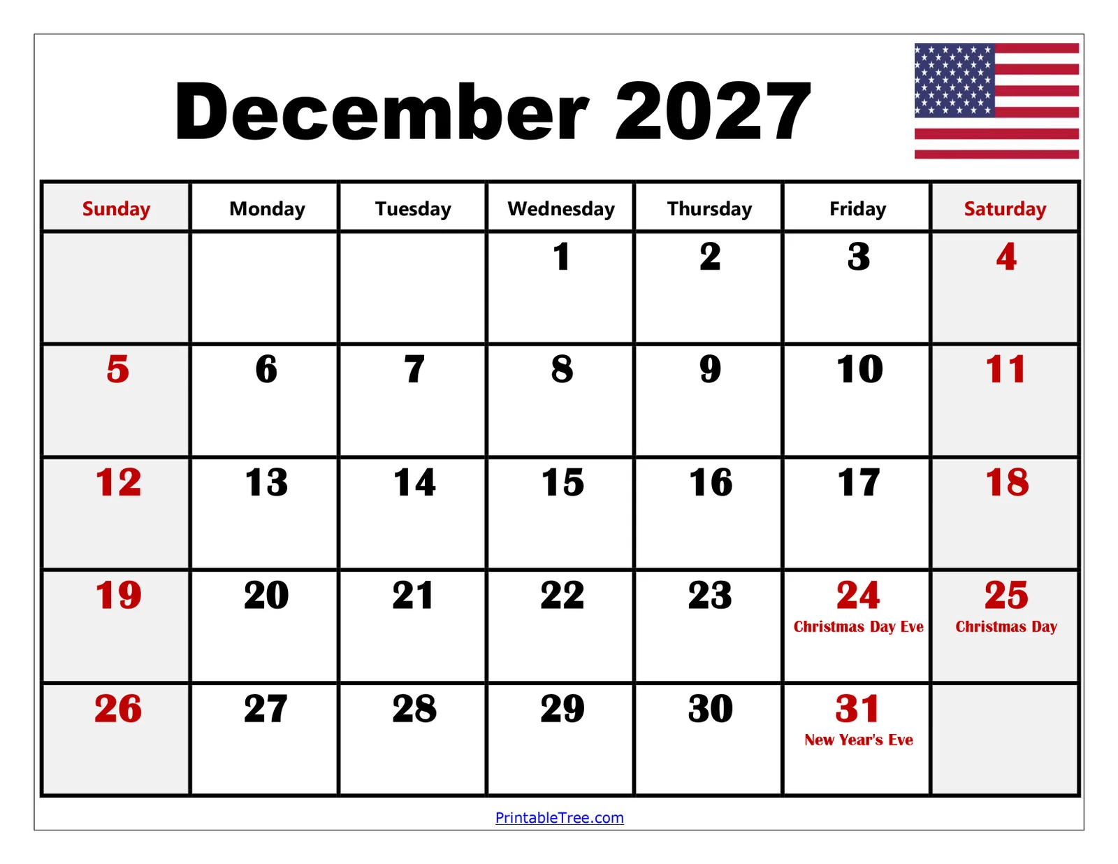 December 2027 Calendar Printable