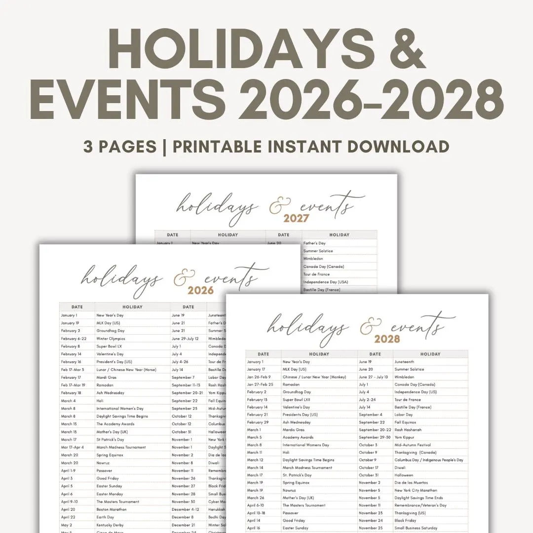 Holiday List Printable 2026 2027 2028
