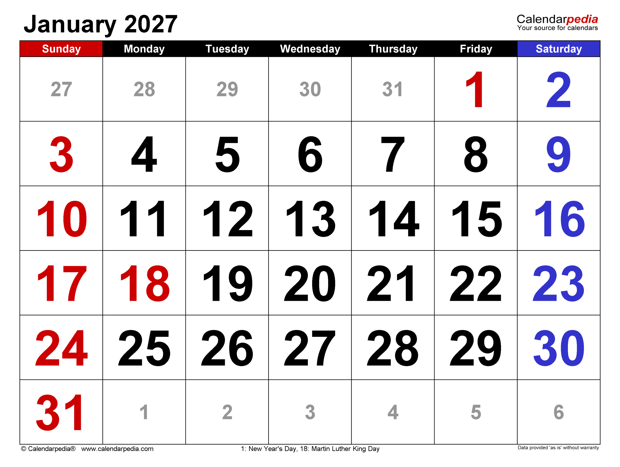 January 2027 Calendar Pdf Templates