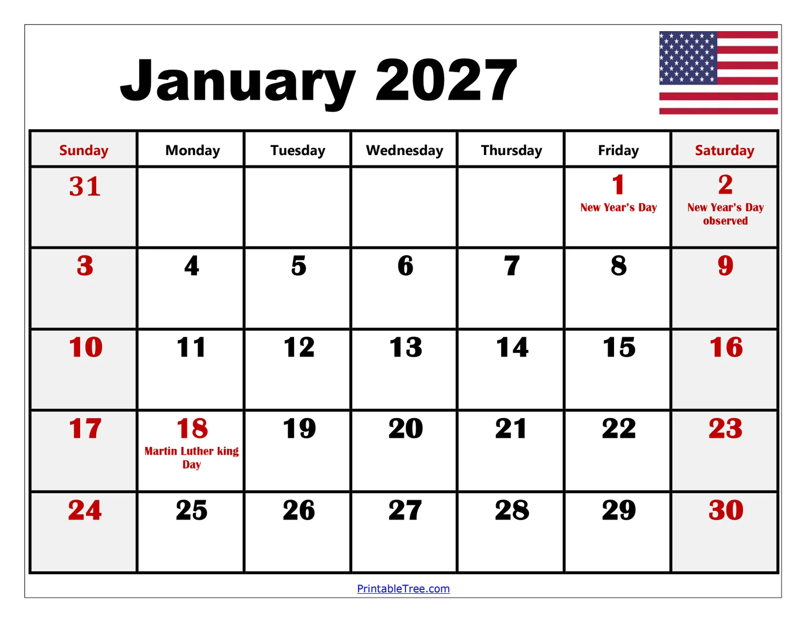 January 2027 Calendar Printable