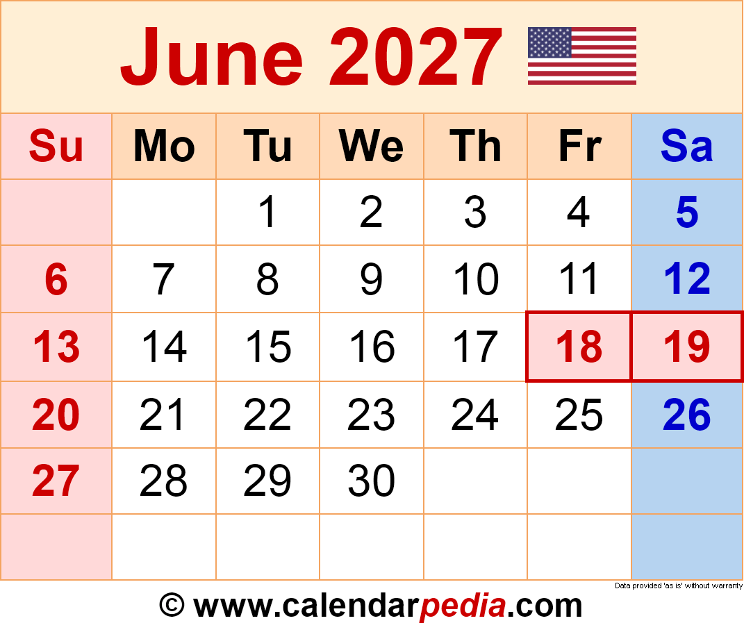 June 2027 Calendar Pdf Templates