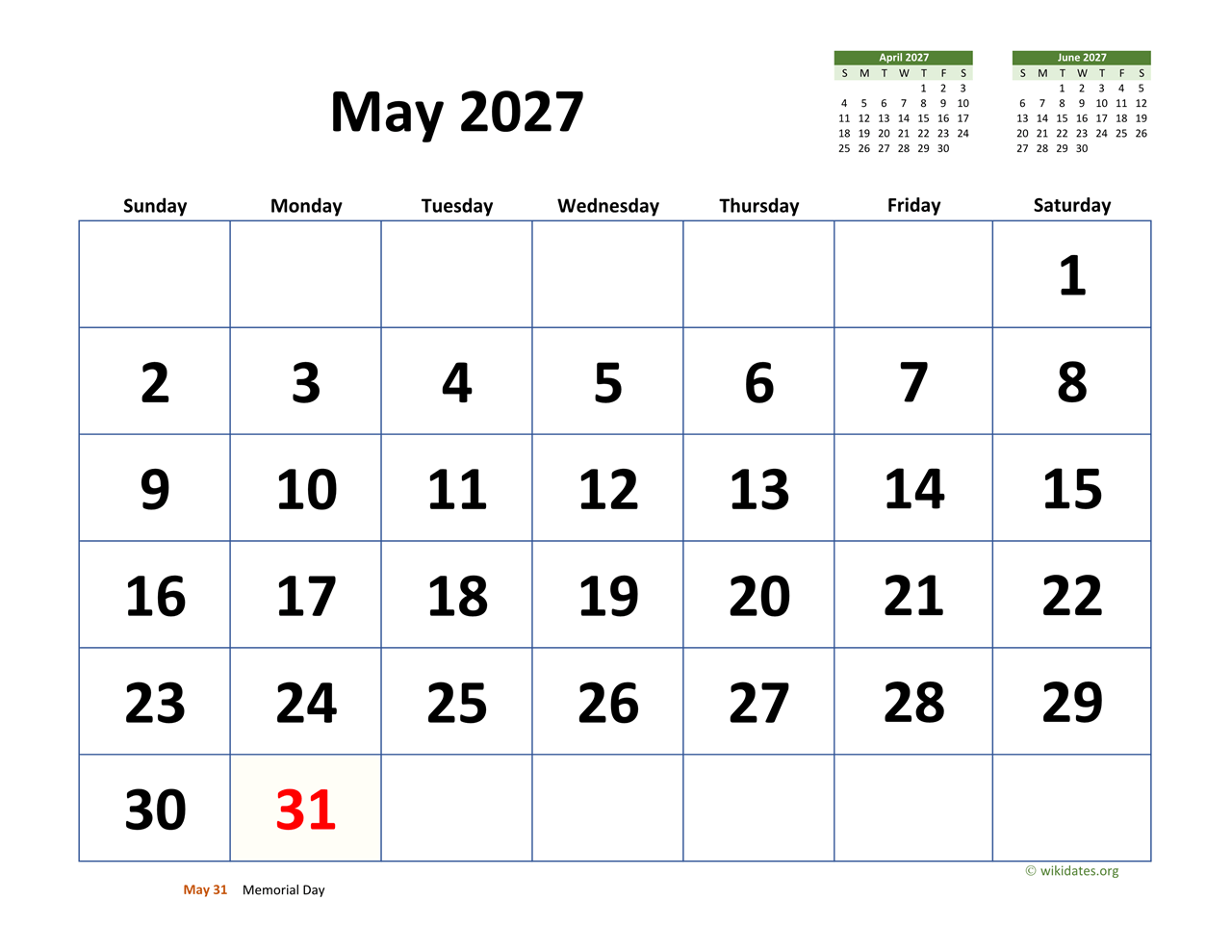 May 2027 Calendar Large Dates May 2027 Calendar Large Dates