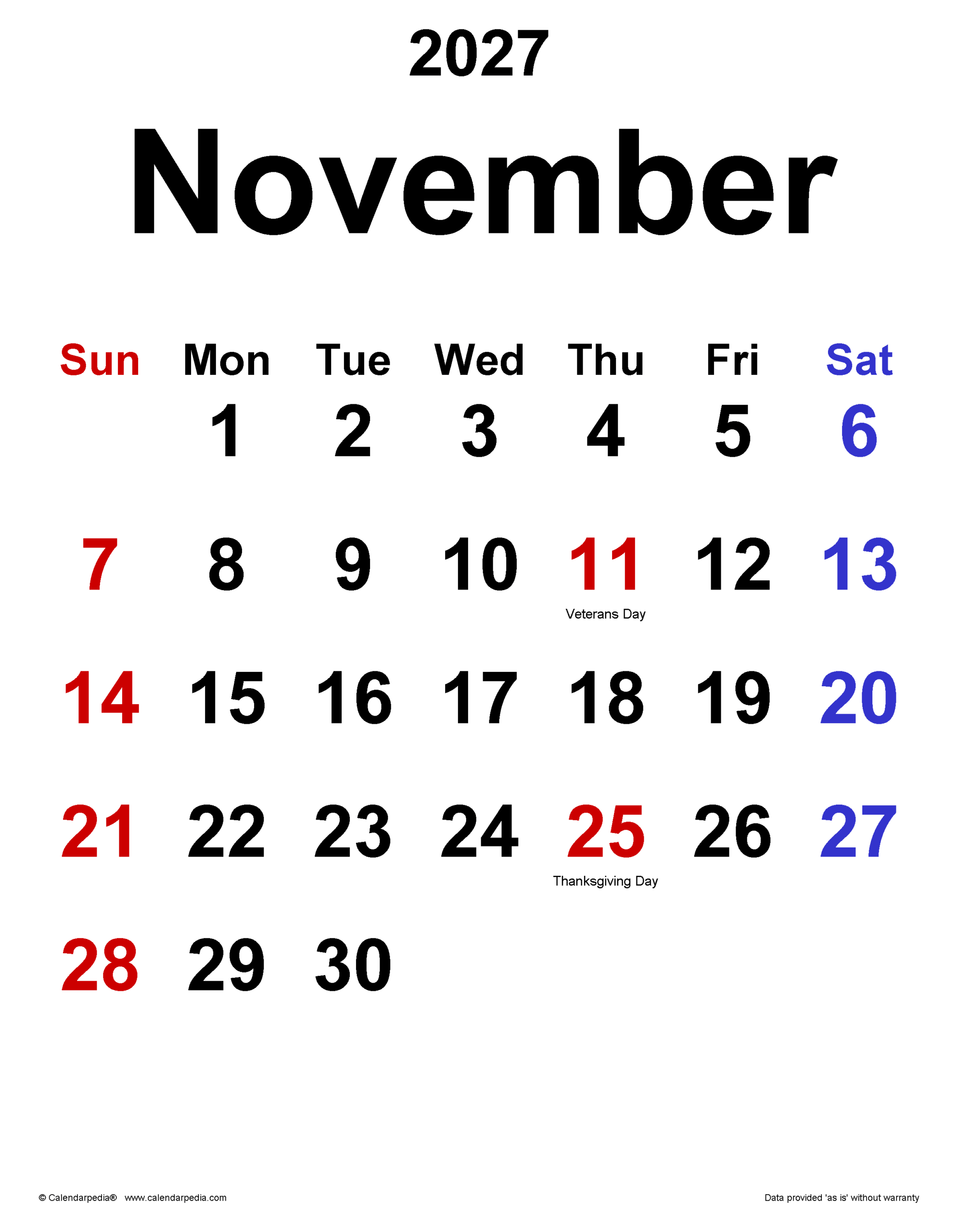 November 2027 Calendar Pdf Templates