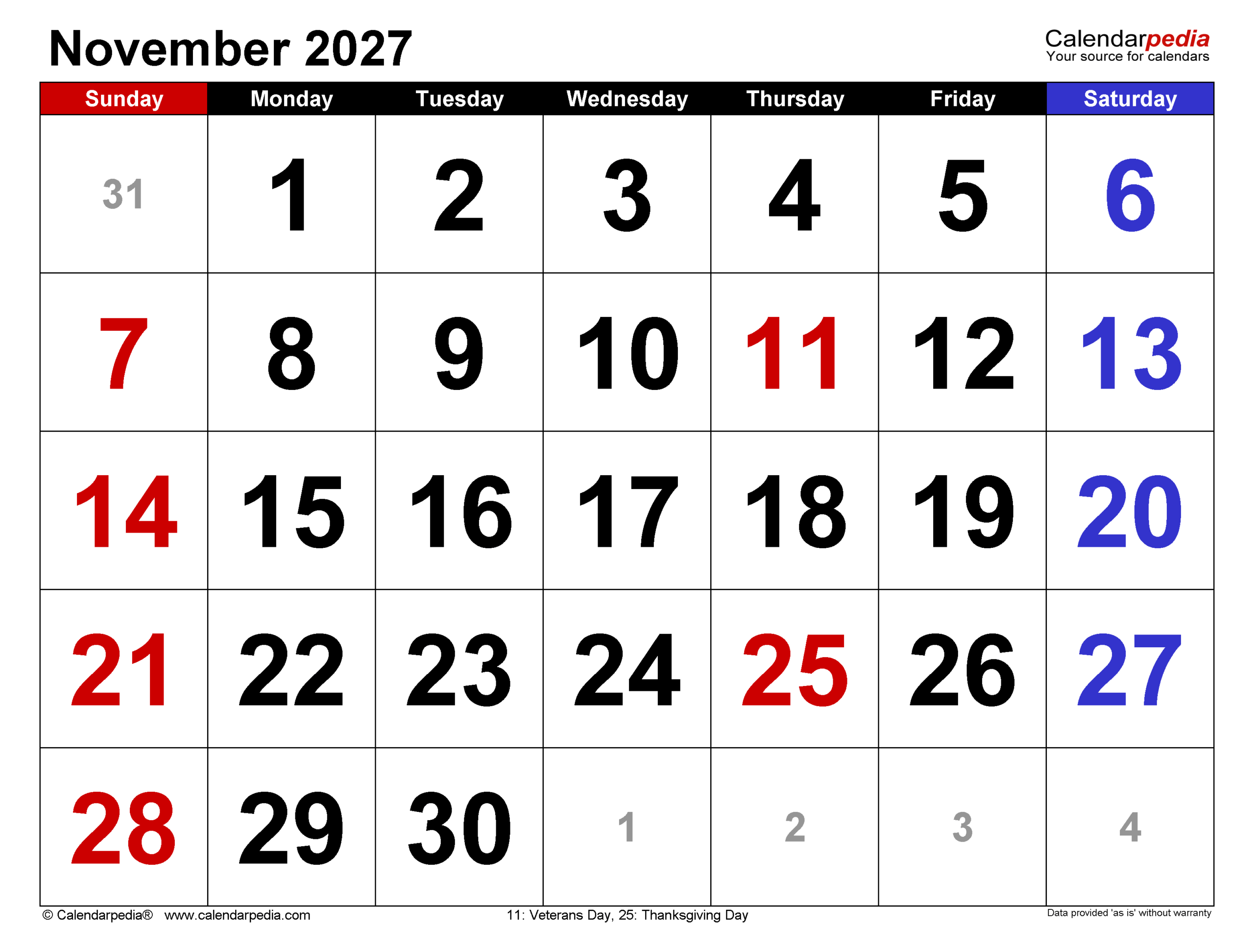 November 2027 Calendar Pdf Templates