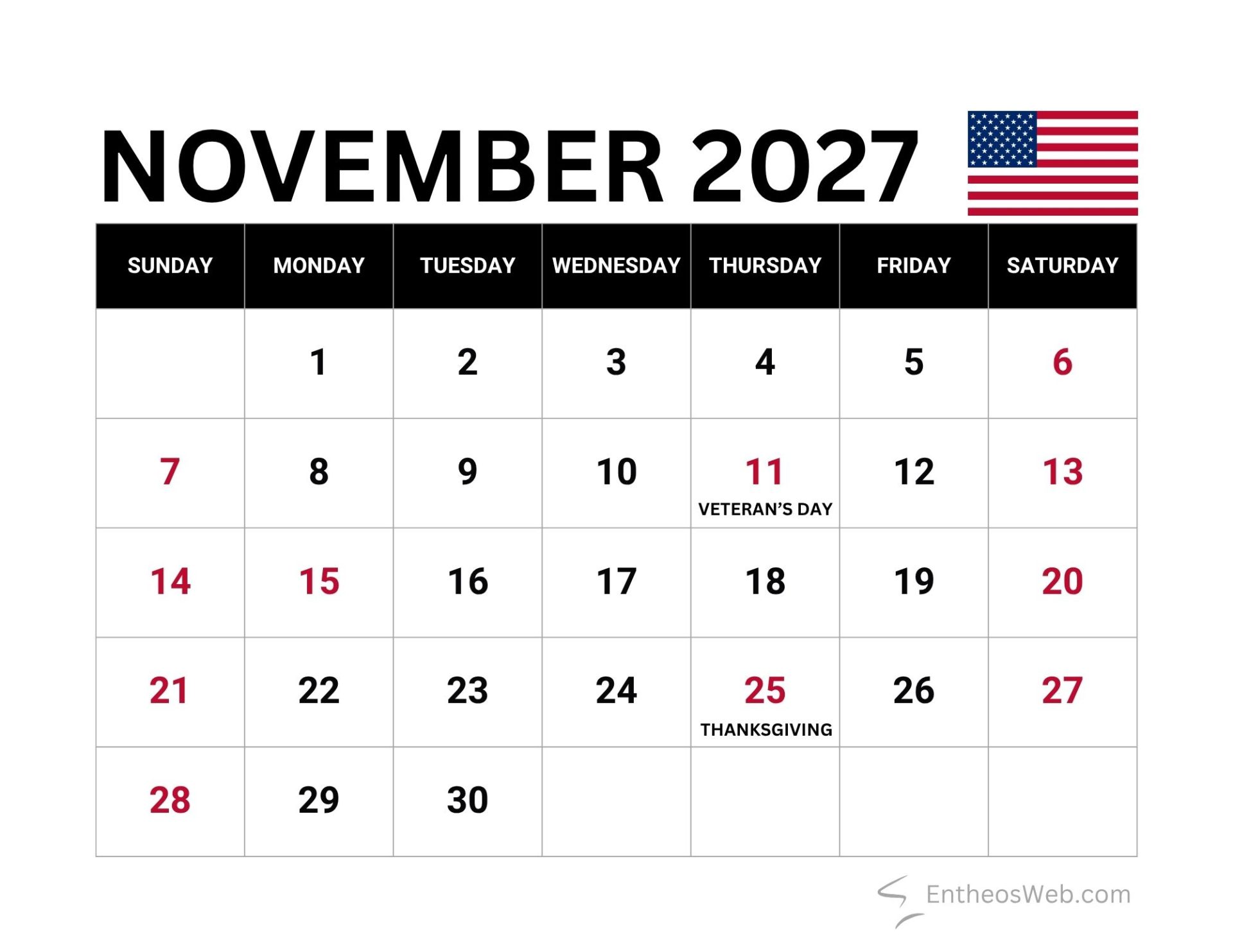 November 2027 Calendars