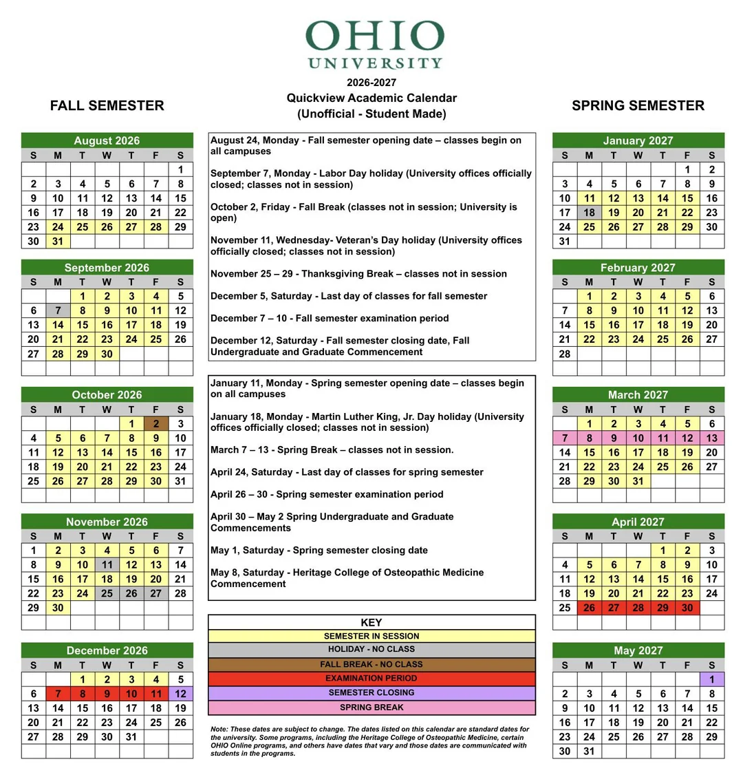 Ohio University Quickview Academic Calendar