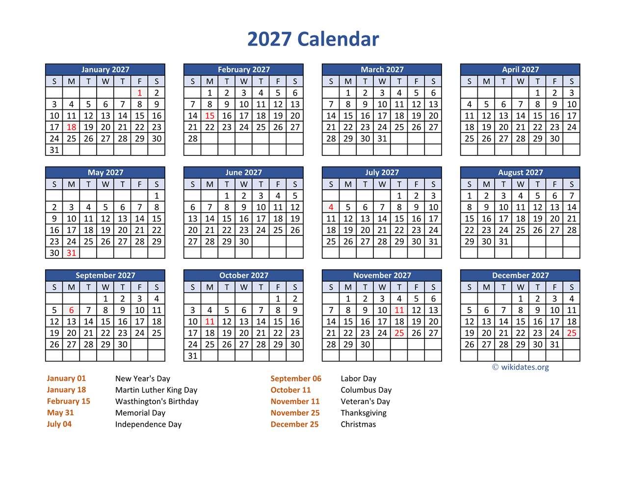 Pdf Calendar 2027 Holidays