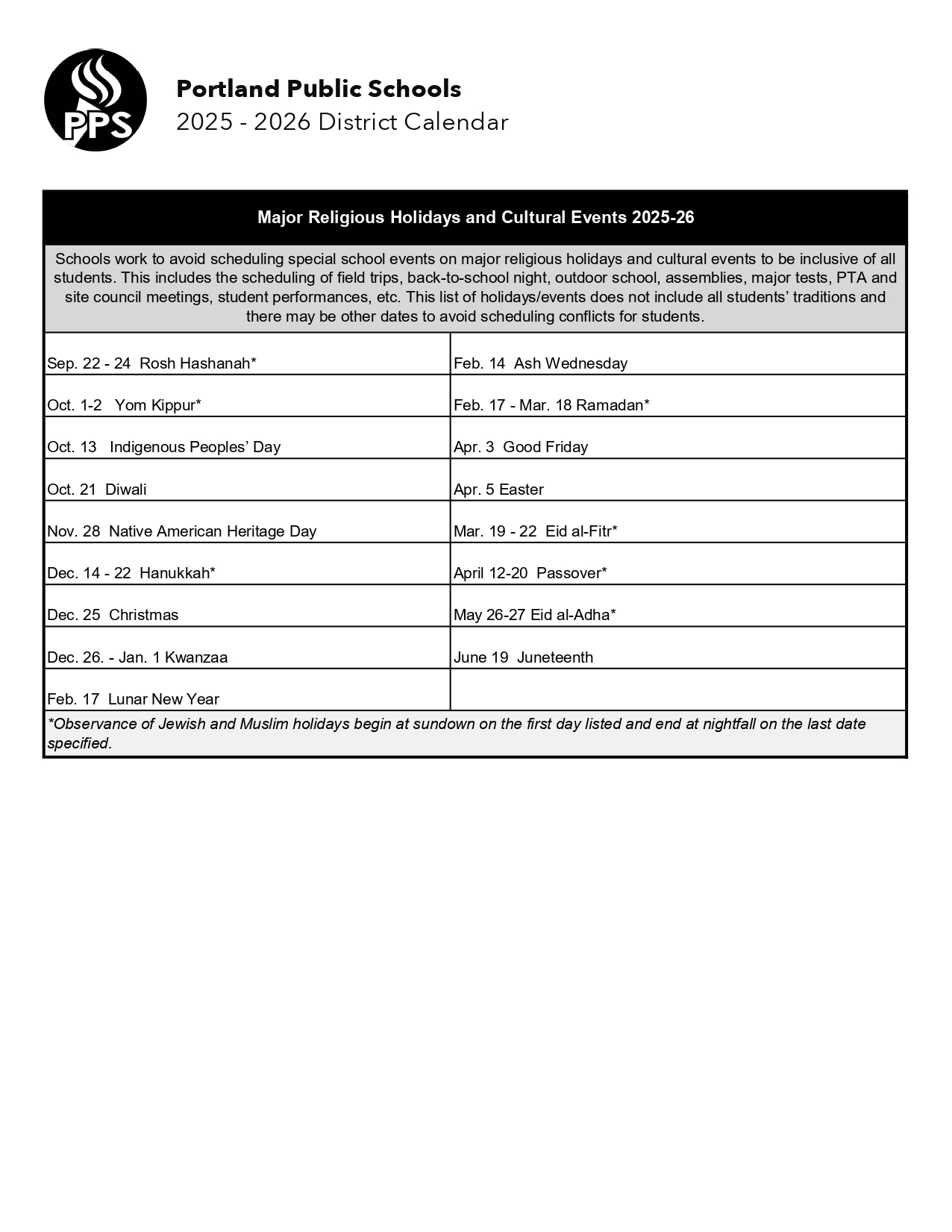 Portland Public Schools Calendar