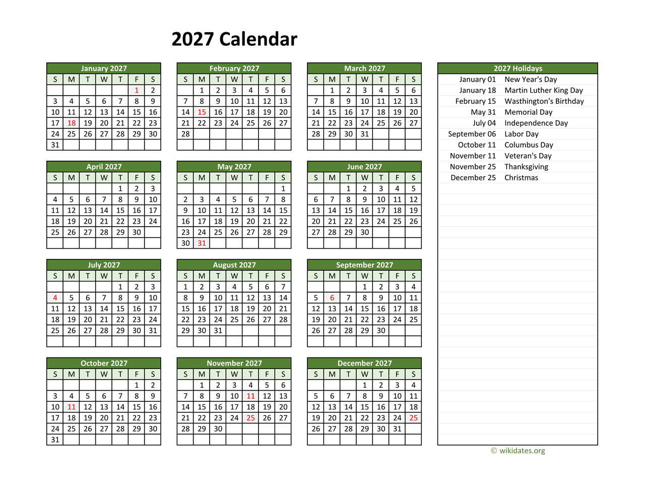 Printable 2027 Calendar Federal Holidays