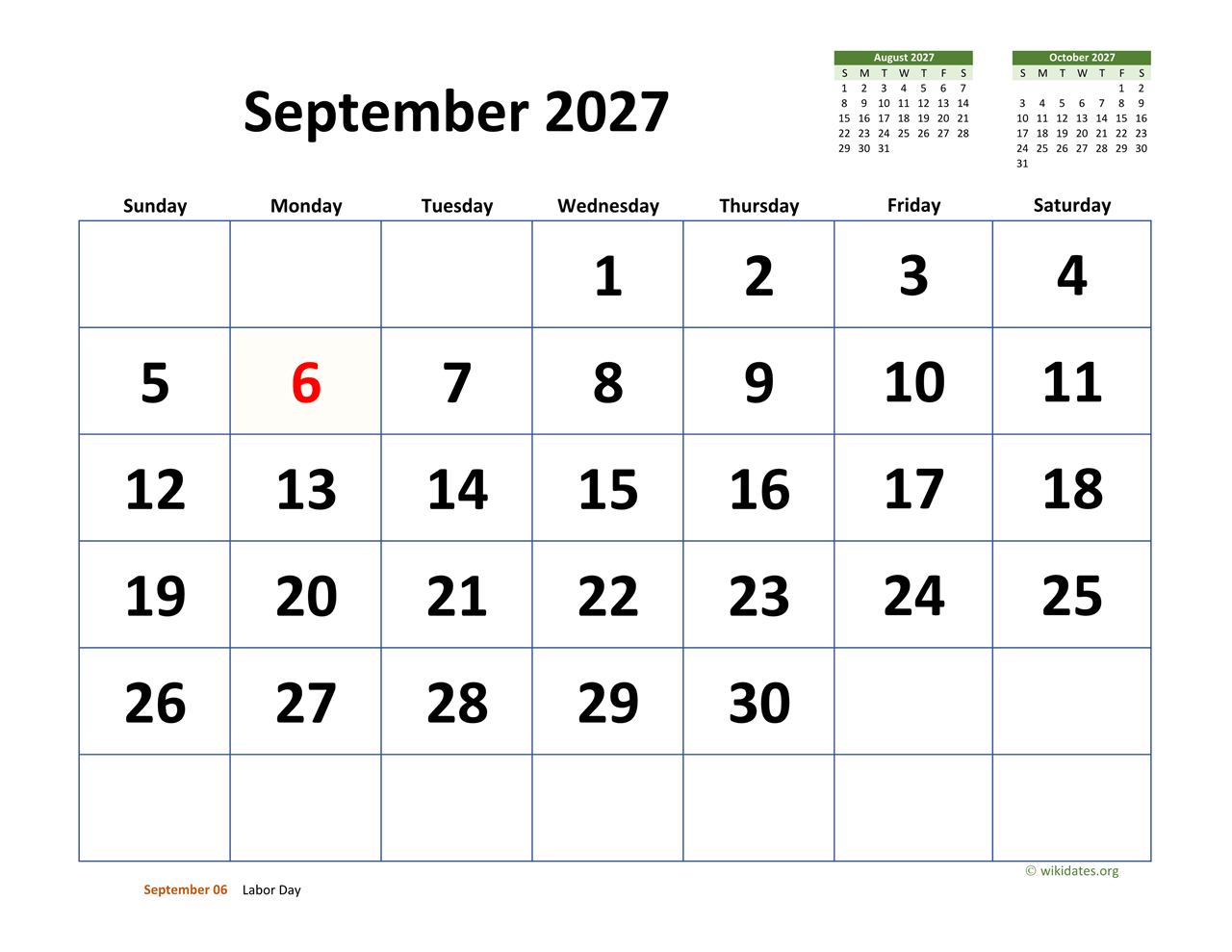 September 2027 Calendar Large Dates September 2027 Calendar Large Dates