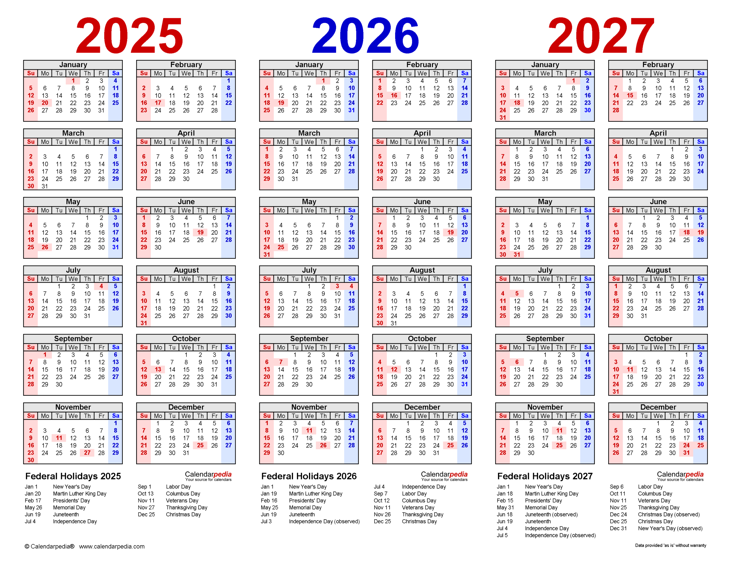 Three Year 2025 2026 2027 Calendar Pdf Templates