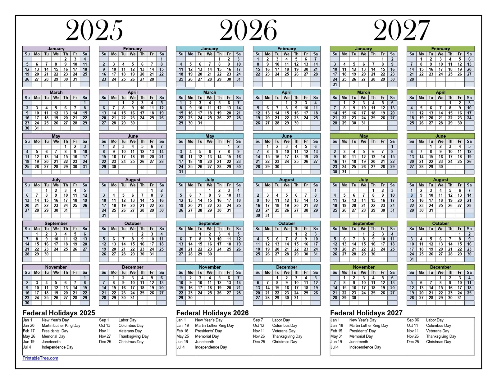 Three Year Calendars Templates 2025 2026 2027