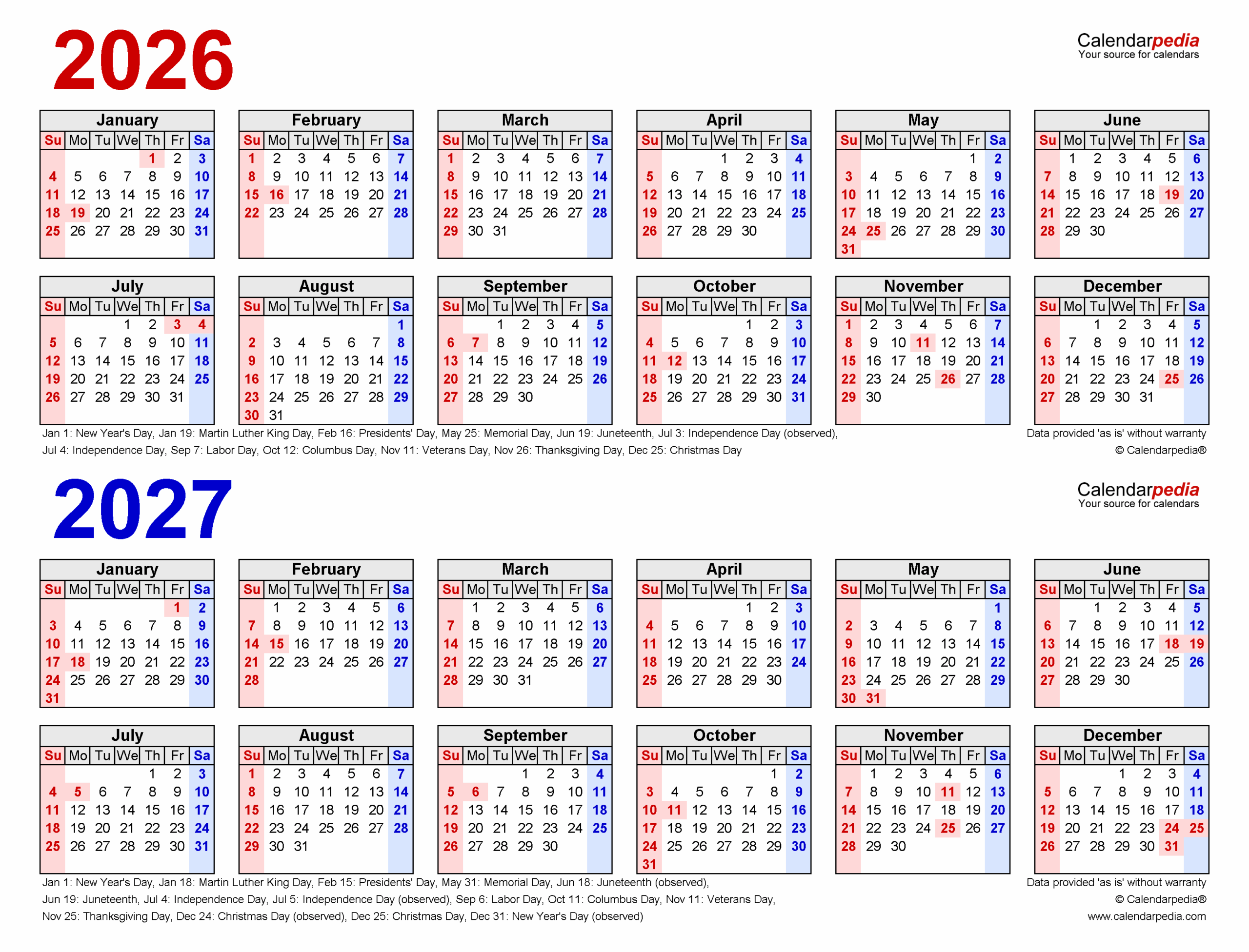 Two Year 2026 2027 Calendar Pdf Templates